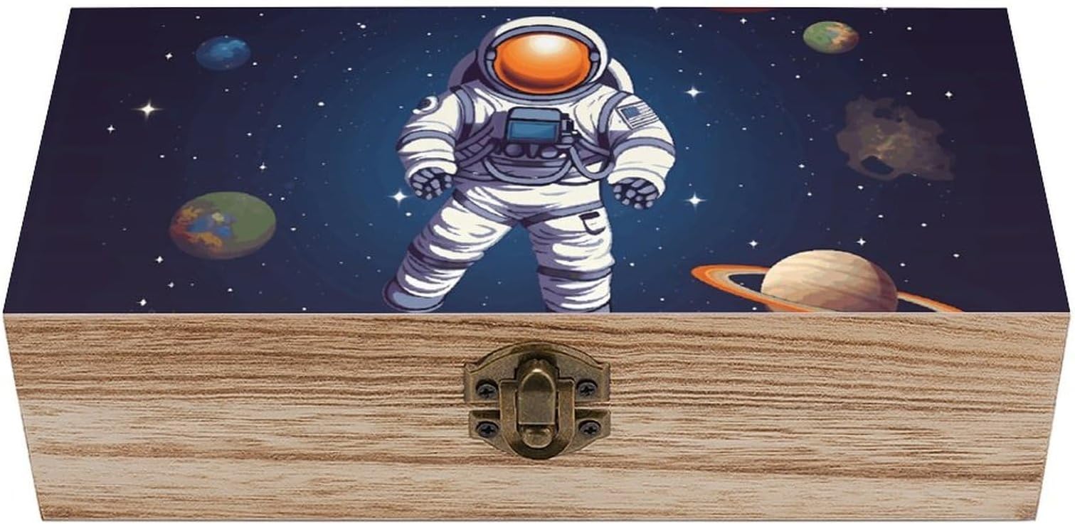 Wooden Storage Box Space Astronaut Vintage Keepsake Boxes With Hinged Lid Handmade Memory Box For Wedding Keepsakes Crafts Jewelry Photos Elegant Decorative Gifts Boxes
