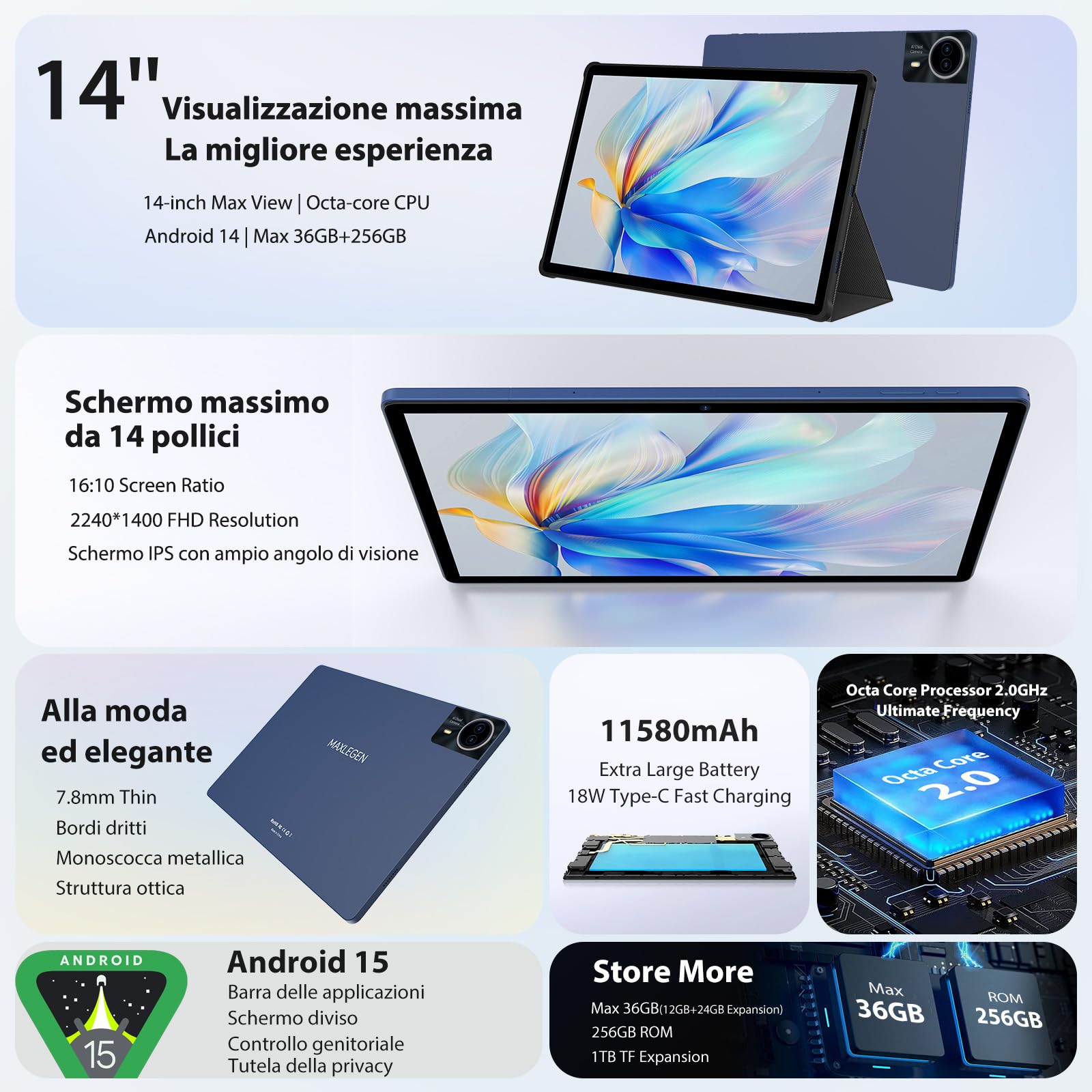 MAXLEGEN A Tablet 14 Pollici, Display 2,5K Incell, 36GB RAM+256GB ROM/TF 1TB, 4G LTE+5G WiFi, Android 15, Octa Core 2.0Ghz/4 Altoparlanti/11580 mAh/BT5.0/GMS/GPS, Tablet con Pen/Custodia/Auricolare