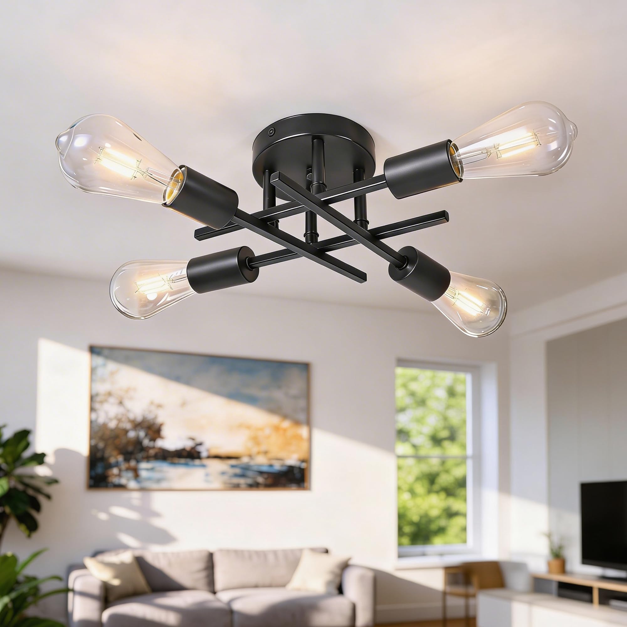 4-Light Semi Flush Mount Ceiling Light Fixture Black Sputnik Modern Farmhouse Close to Ceiling Chandelier Lighting for Bedroom