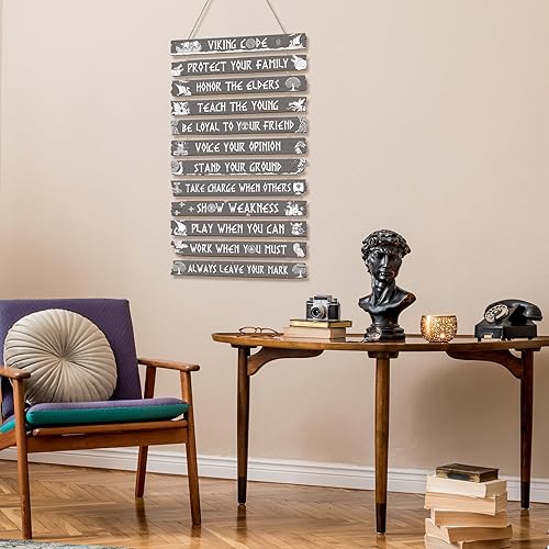 Vista 17 de Thinkday Decoración vikinga, letrero nórdico, código vikingo, decoración de pared, runa nórdica pagana de madera, valknut nórdico medieval vegvisir