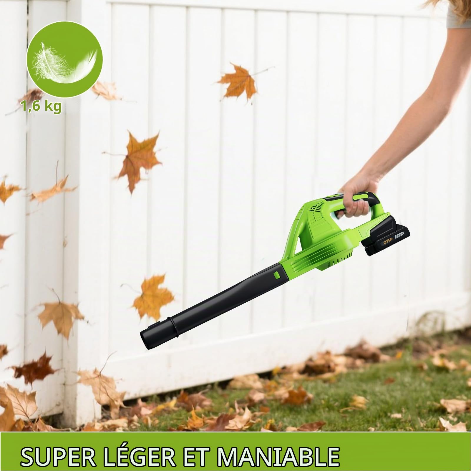 Souffleur de Feuilles sans Fil 21V, Vitesse de soufflage jusqu'à 8m/Min,Vitesse 15000r/min, souffleur sans Fil avec Batterie et Chargeur, Leaf Blower pour la saleté & Les Feuilles (2 Batterie)