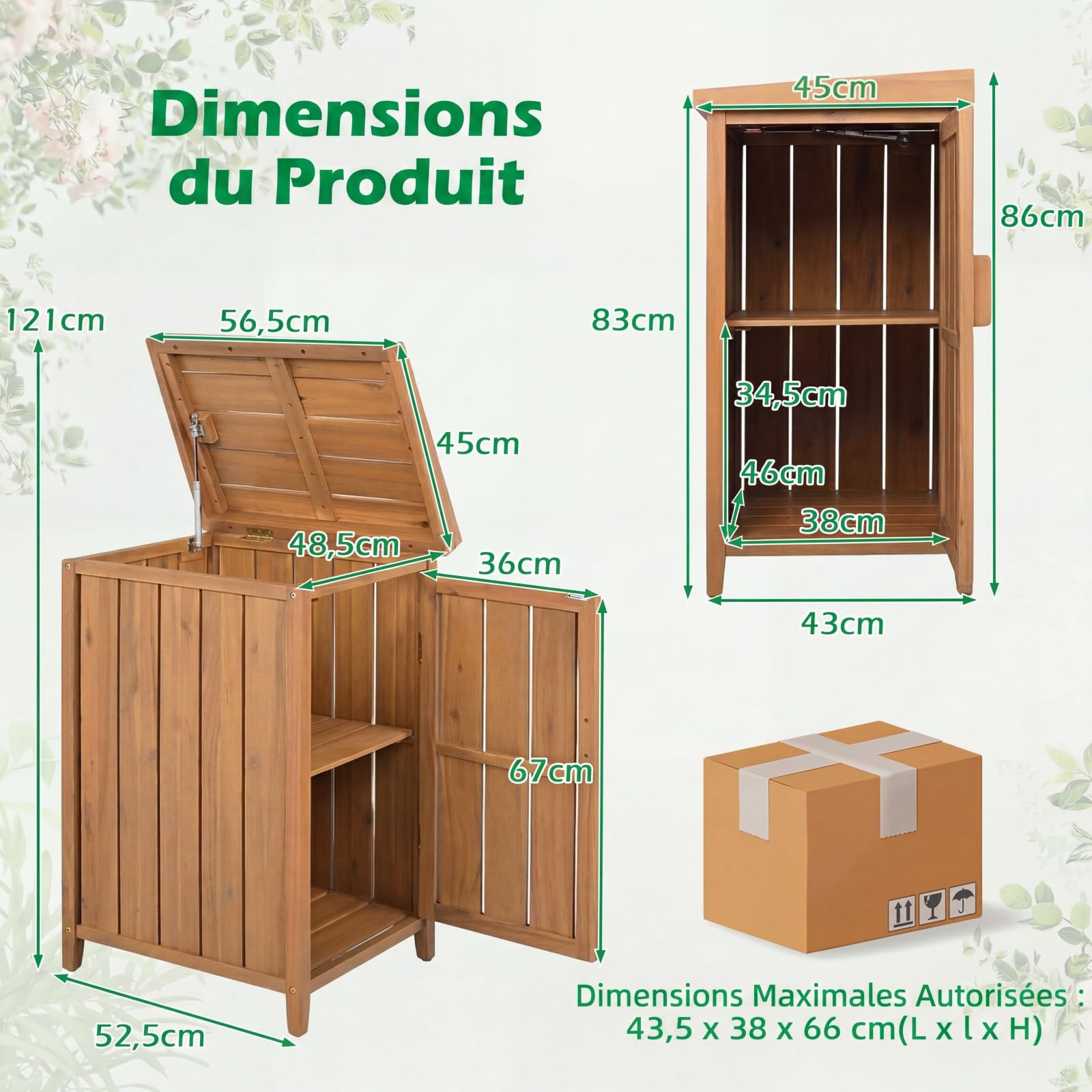COSTWAY Coffre de Rangement Extérieur en Bois d'Acacia, Abri de Jardin pour Colis Outils de Jardinage, Couvercle Ouvrant Étagère Amovible, Cache Poubelle Boîte de Livraison, pour Porche Cour
