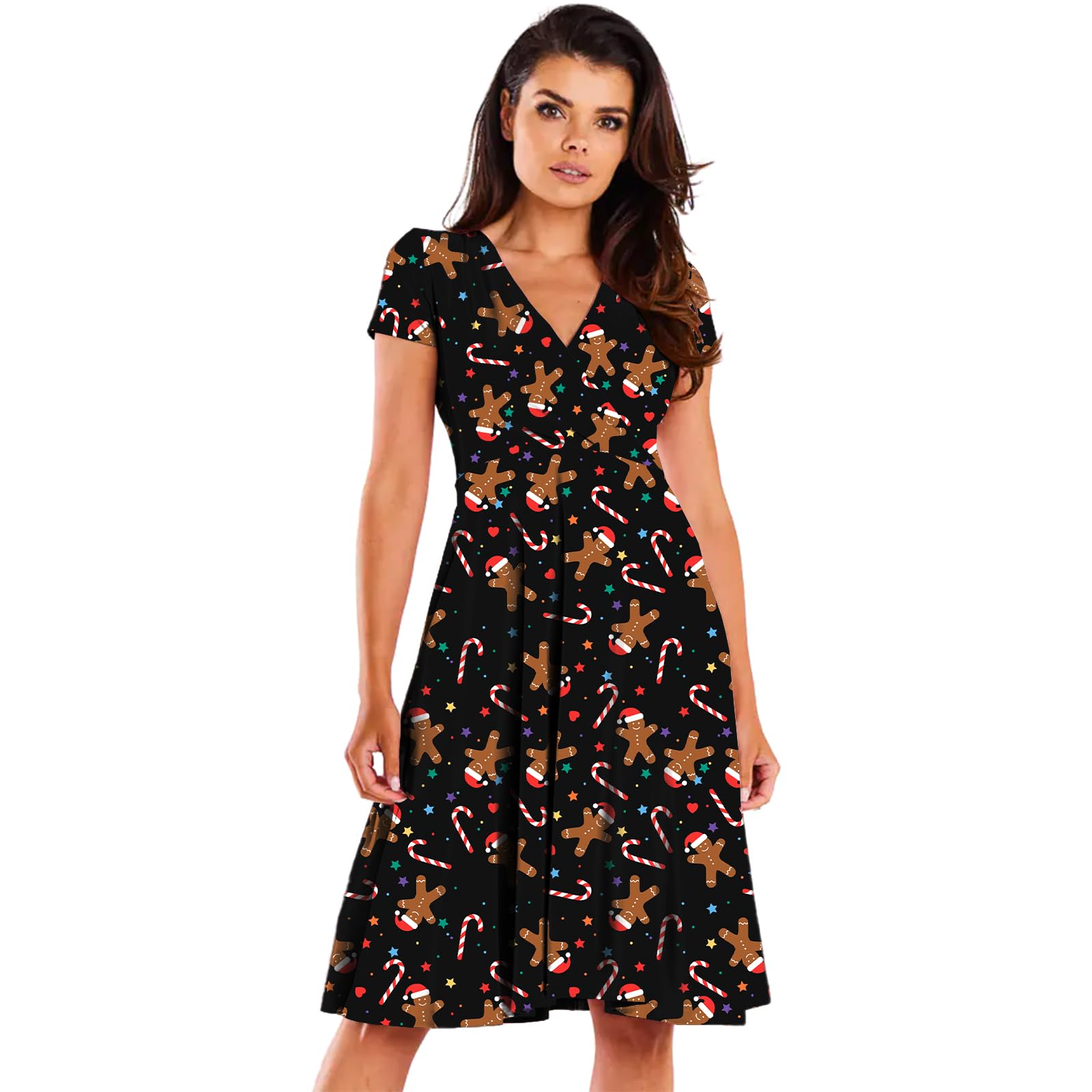NetSetUK Womens Christmas Midi Dress Santa Xmas Reindeer Snowflake Gingerbread Tree Printed Novelty Swing Dress