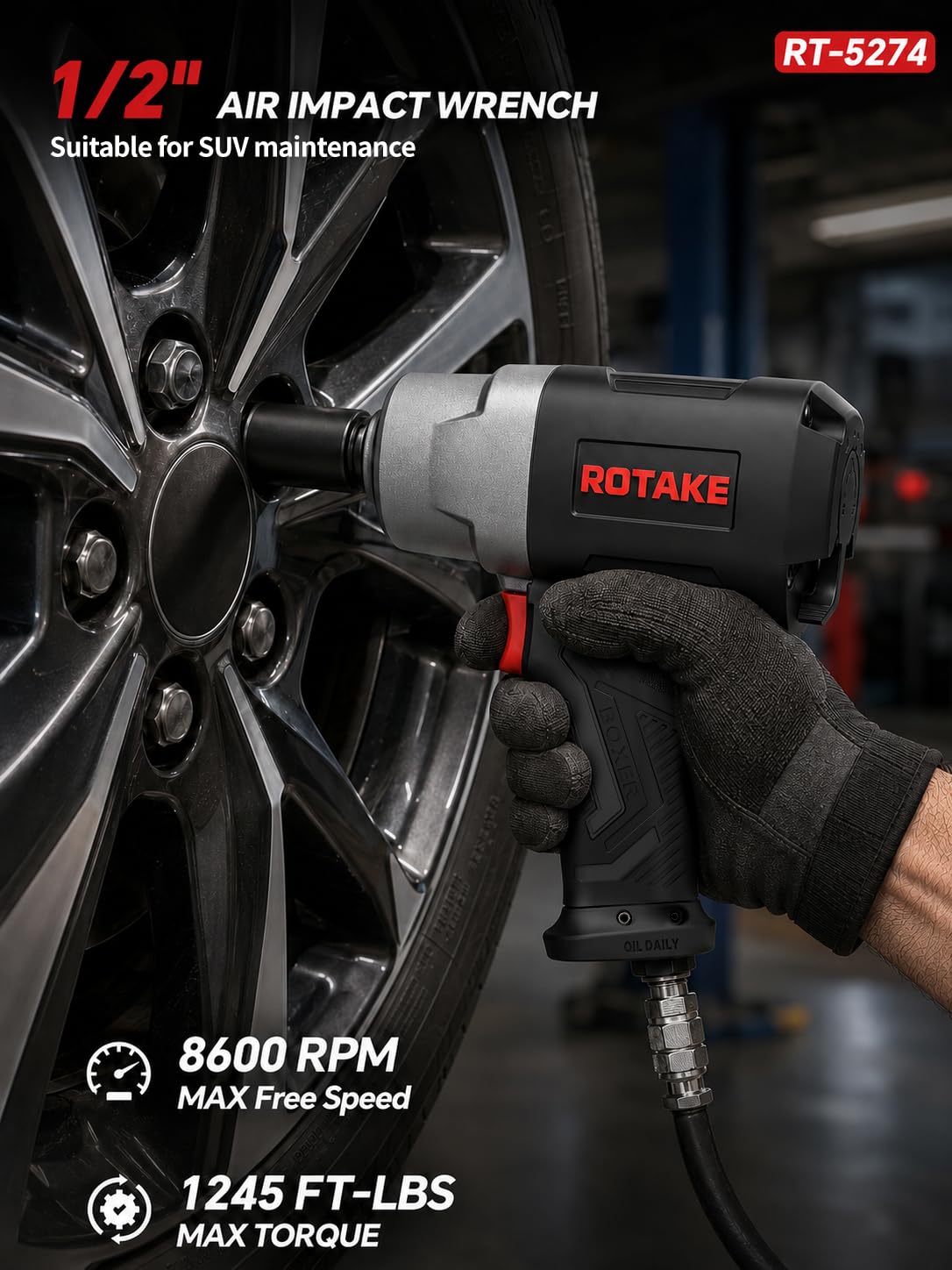 ROTAKE RT-5274 Chiave pneumatica da 1/2 pollici, pistola pneumatica a percussione da 1245 Ft-Lbs, strumento meccanico a doppio martello ad alta velocità da 8600 giri/min per riparazione auto e cambio