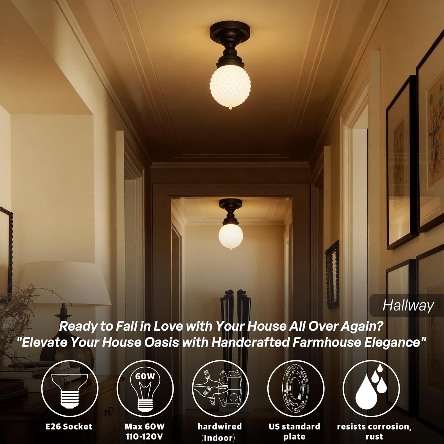 Modern Schoolhouse Semi Flush Mount Ceiling Light,Black Close to Ceiling Light Fixtures with Milky White Globe Glass Hallway Light Fixtures for Laundry Entryway Kitchen Bathroom E26