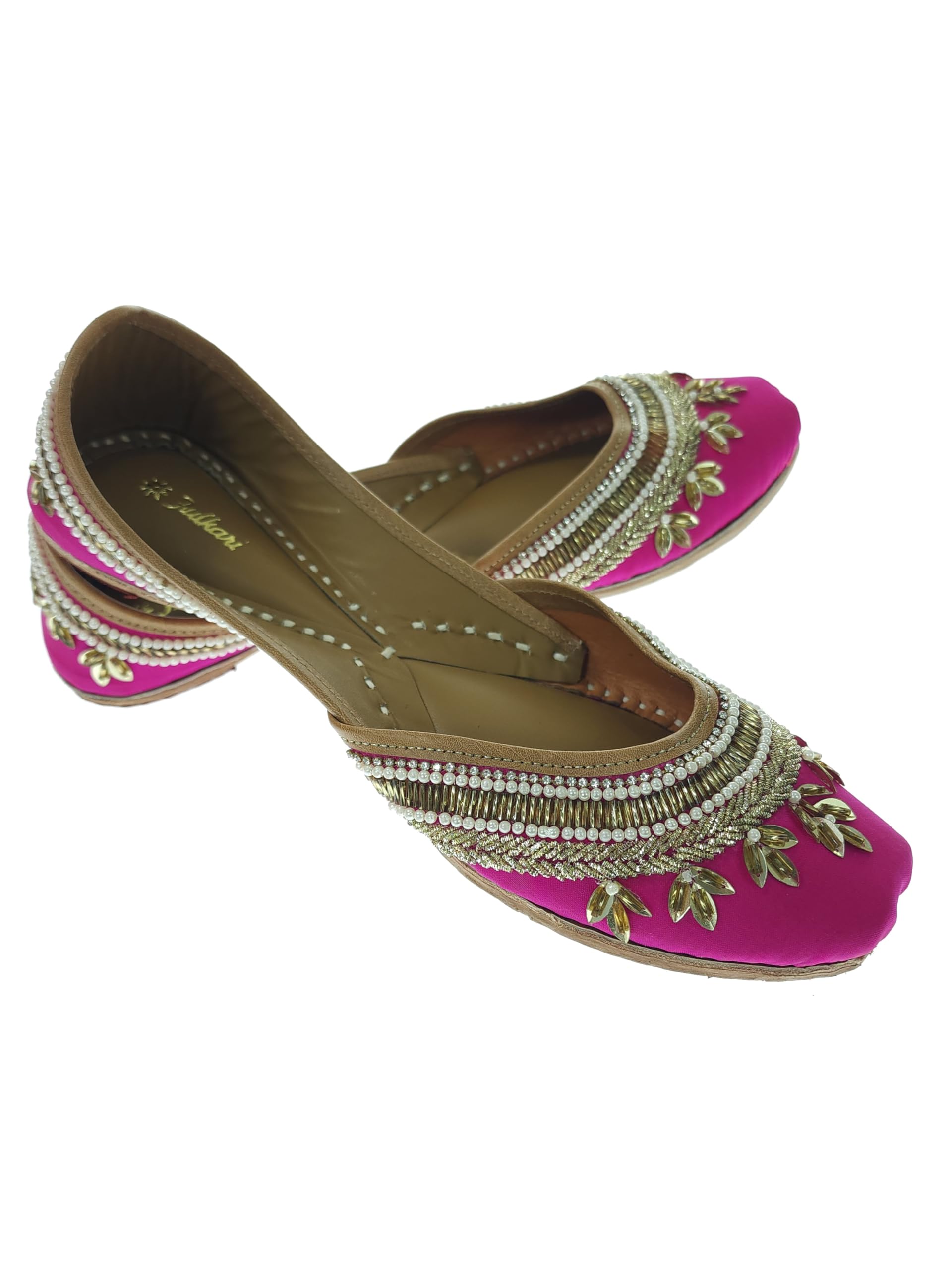 Women Blossom Magenta Gold Genuine Soft Leather Embroidered Jutis | Bite and Pinch Free Jutti | Punjabi Formal Juttis | Girl's Wedding Flat Ladies Mojari | Formal Ethnic Juti |-image-3