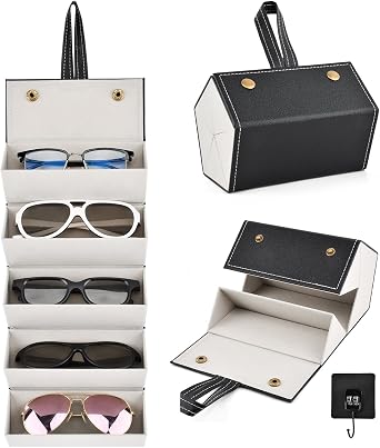 5 Slots Sunglasses Organizer With Hook, Sunglasses Travel Case, Eyeglasses Holder, Multiple Glasses Case for Women MenCOLORBlack