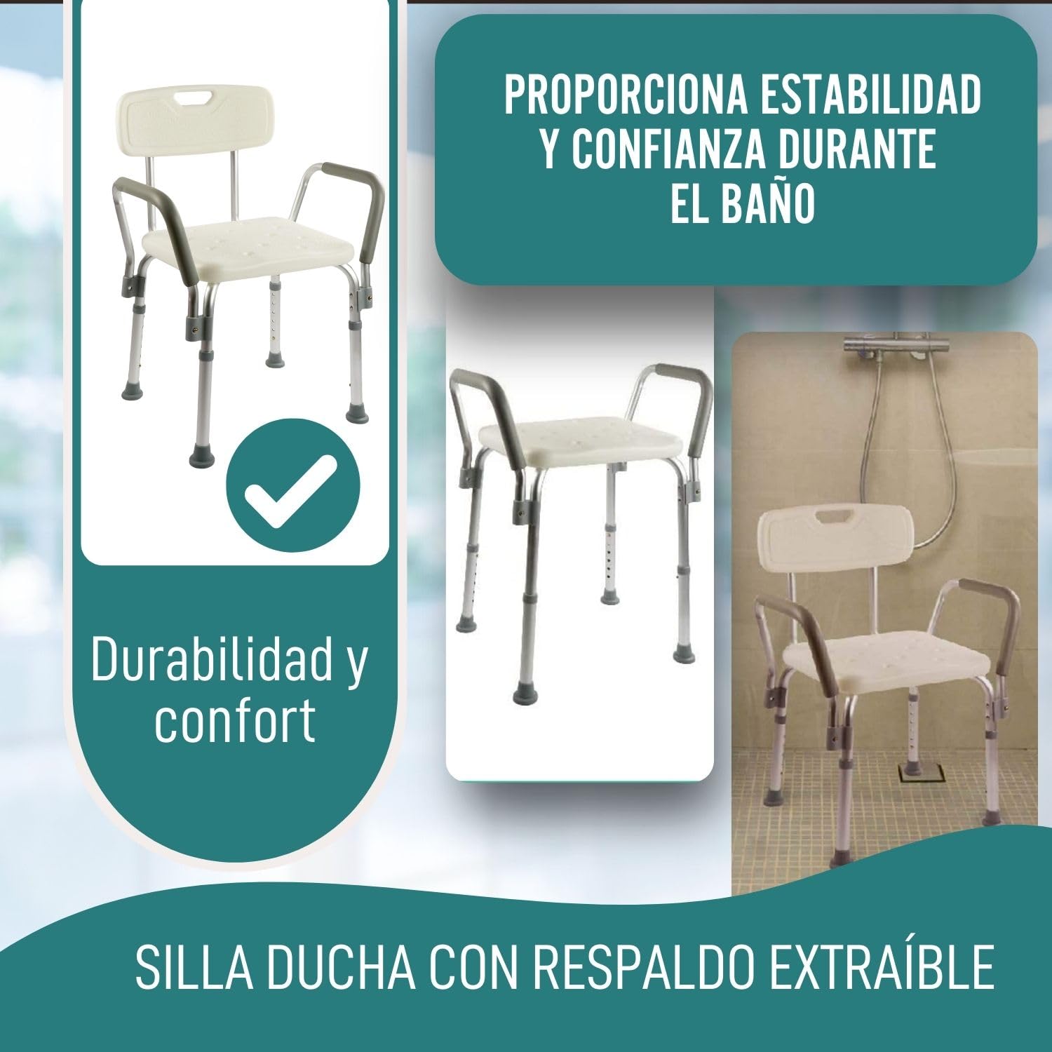 OrtoPrime Silla Ducha con Respaldo Extraíble - Taburete Baño Ortopédico Adultos y Niños - Reposabrazos Acolchados - Regulable 6 Alturas - Asiento de Aseo Cómodo y Seguro