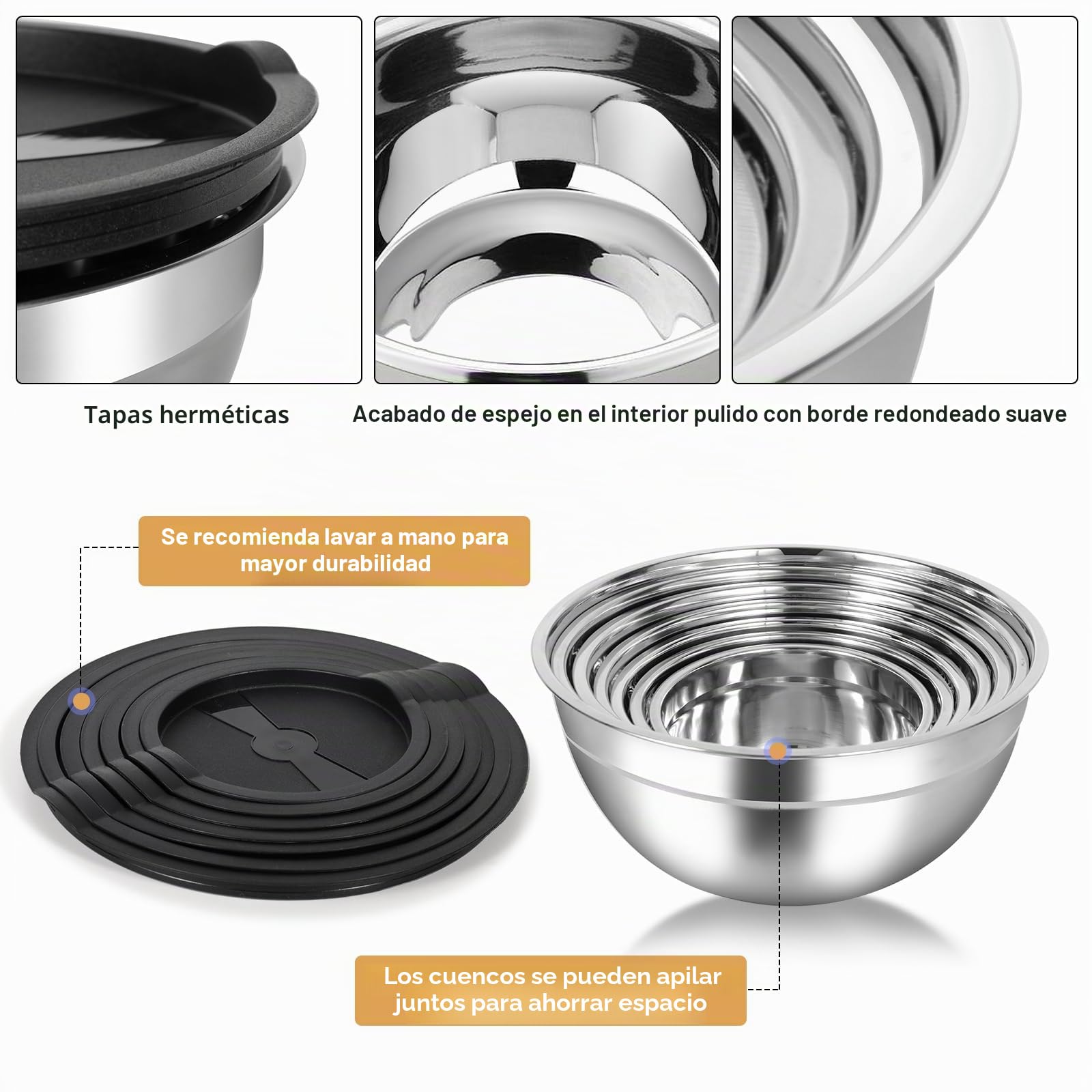 Cinnani 7 Juego de Acero Inoxidable Cuencos mezcladores, Ensaladera, Cuenco Comida, Cuenco de Cocina, Tazón de Cocina Multifuncional con Tapa Hermética