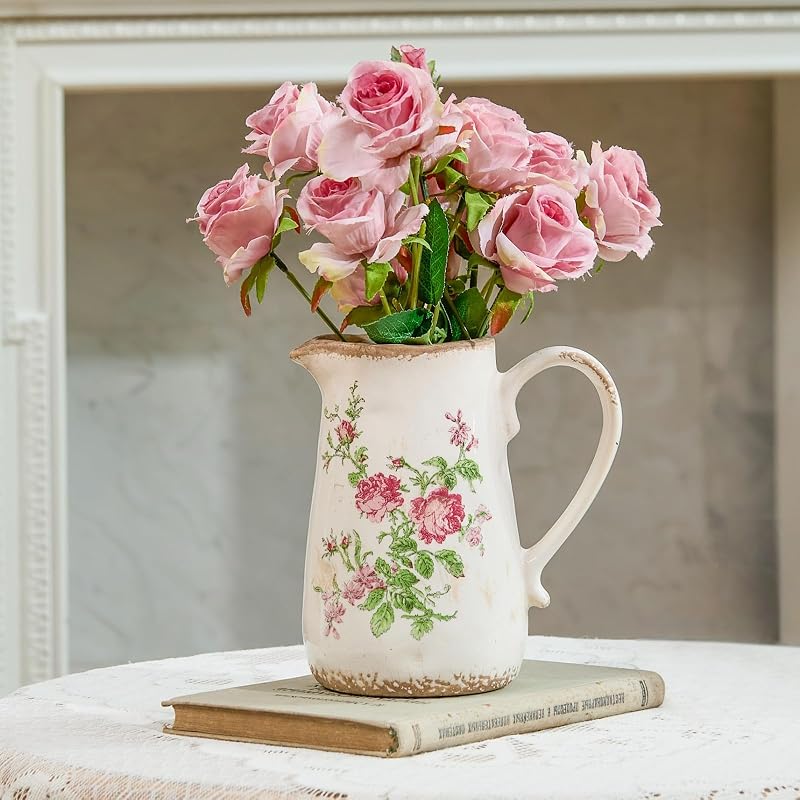 Jarrón de cerámica vintage con diseño de flores de rosas con asa, jarrón retro esmaltado con hielo para decoración del hogar, sala de estar, estante, oficina, centro de mesa rústico de 7 pulgadas