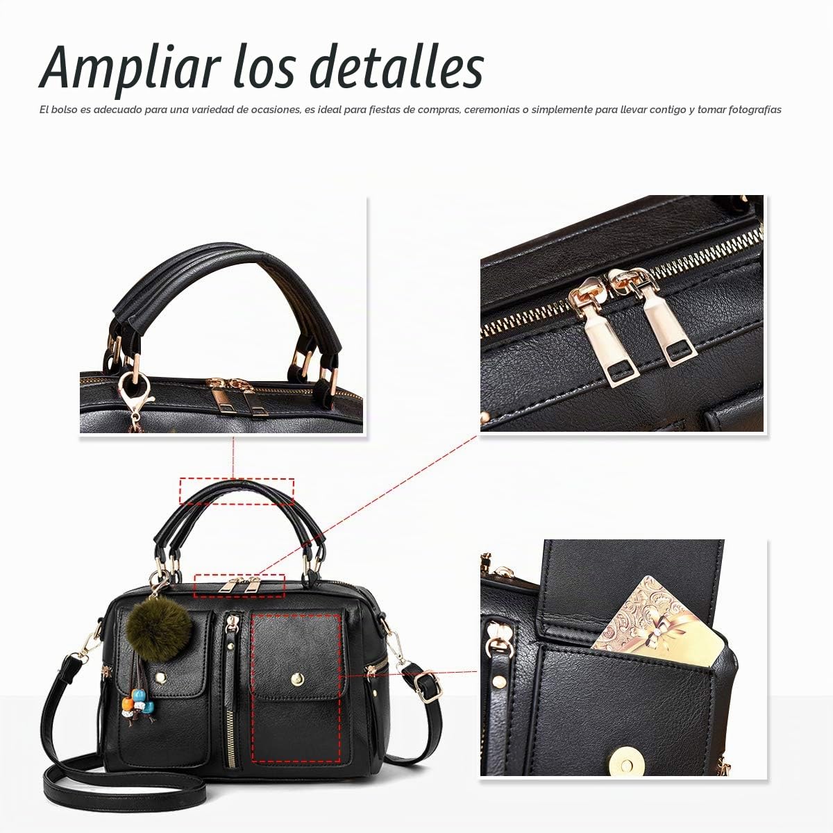 NICOLE & DORIS Bolsos de Mujer Bolso Pompón Estilo Bolso de Hombro con Cremallera Bolsillos Bandolera para Mujer Bolso Cuadrado Pequeño de Cuero PU Trabajo Diario Elegante Moda