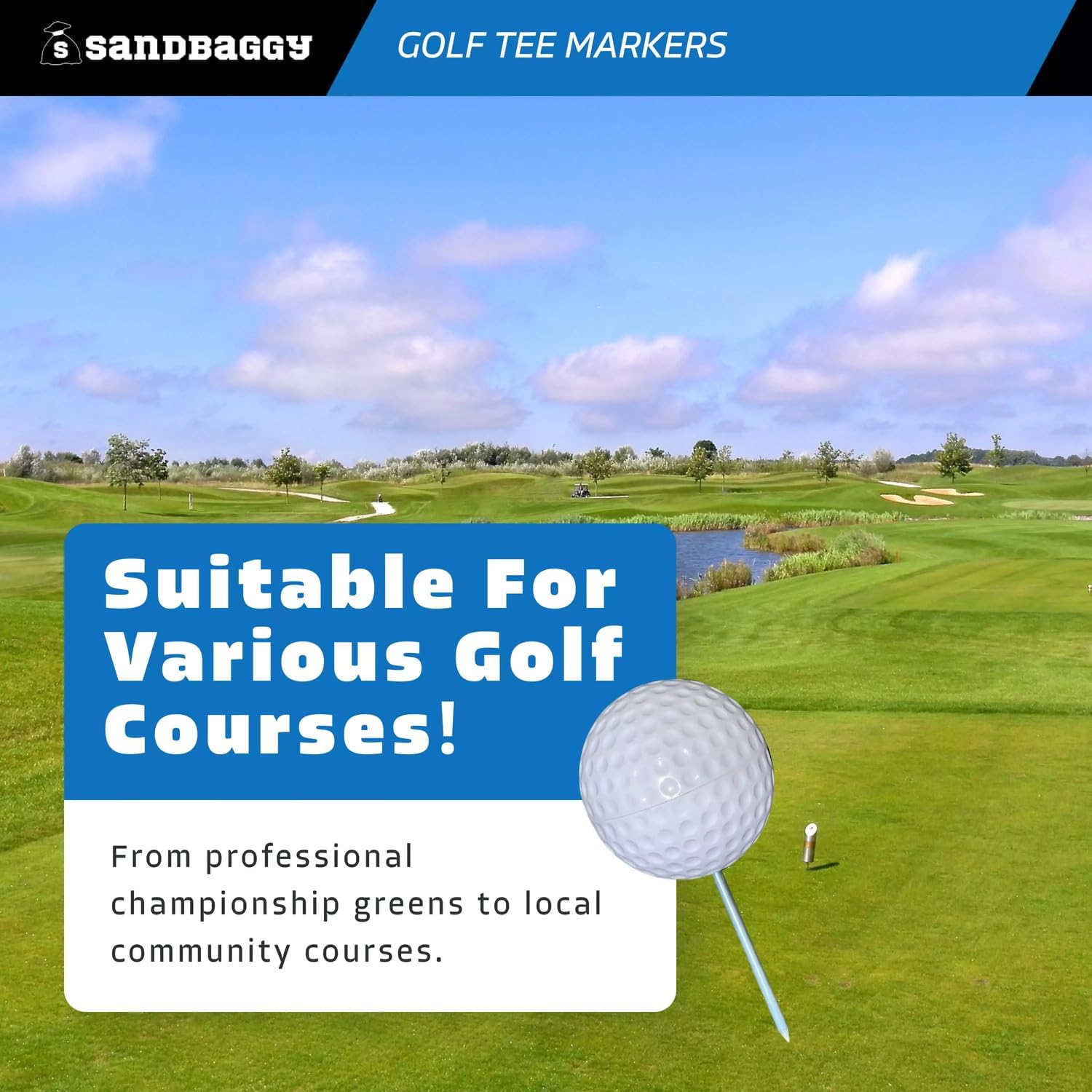 Sandbaggy Plastic Tee Markers for Golf Course (UV Resistant) - Steel Spike - Safety Caps Included