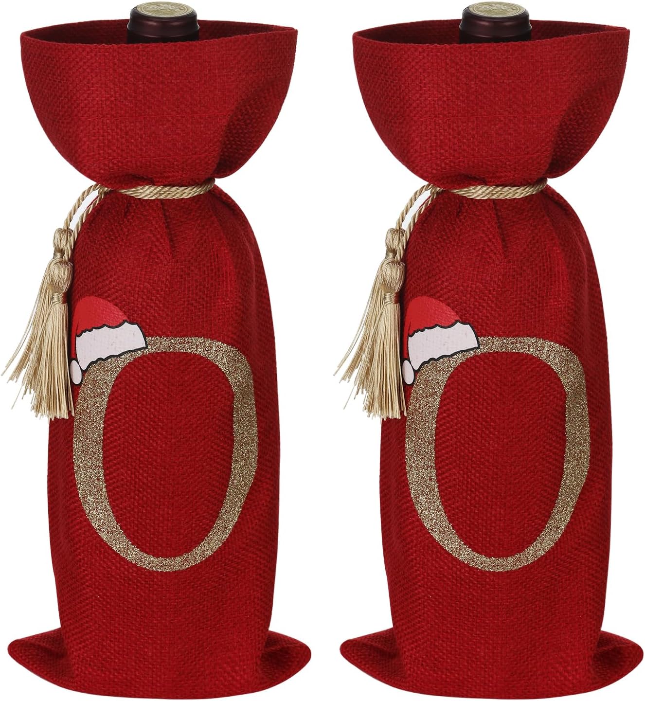 Christmas Wine Bottle Gift Bags, Red Burlap with Gold Monogram Initial, 6x13.5 inch, Set of 2 with Tassels Letter O