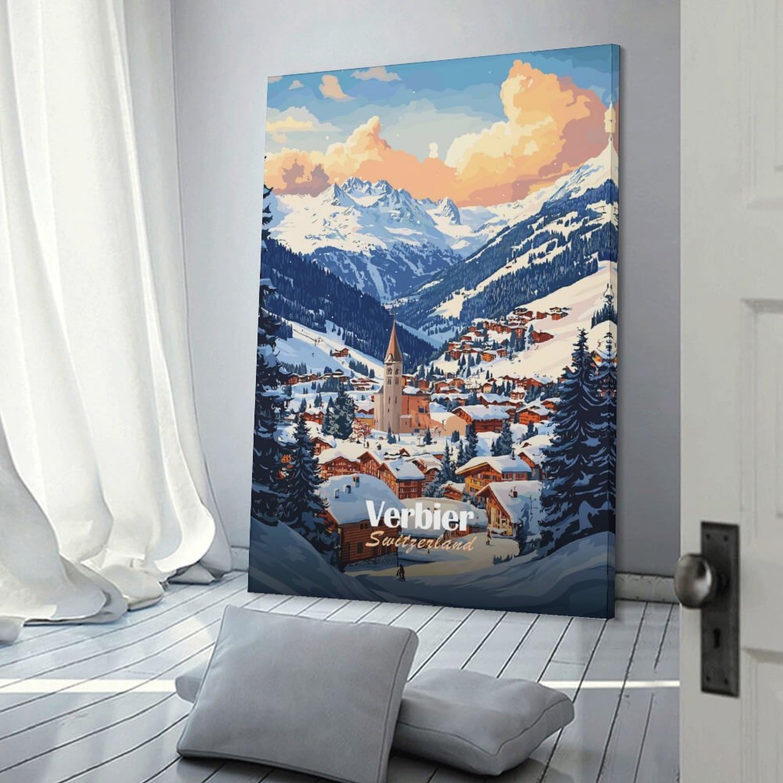 Junmoney Decorative Wall Artwork Verbier Switzerland Winter Landscape, 12x18inch(30x45cm), for Corridors, Hallways Or Apartment Entries, Wall Decor to Refresh Empty Corners