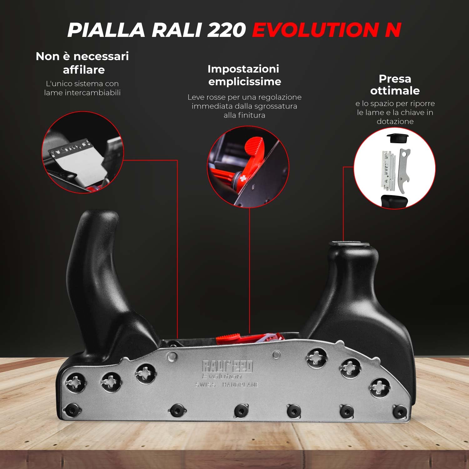 RALI 220 Evolution N Pialla Manuale per Legno con 4 lame reversibili a doppio taglio | Pialla per Lavorazione del Legno, Nessuna affilatura necessaria and Regolazioni ultra-facili