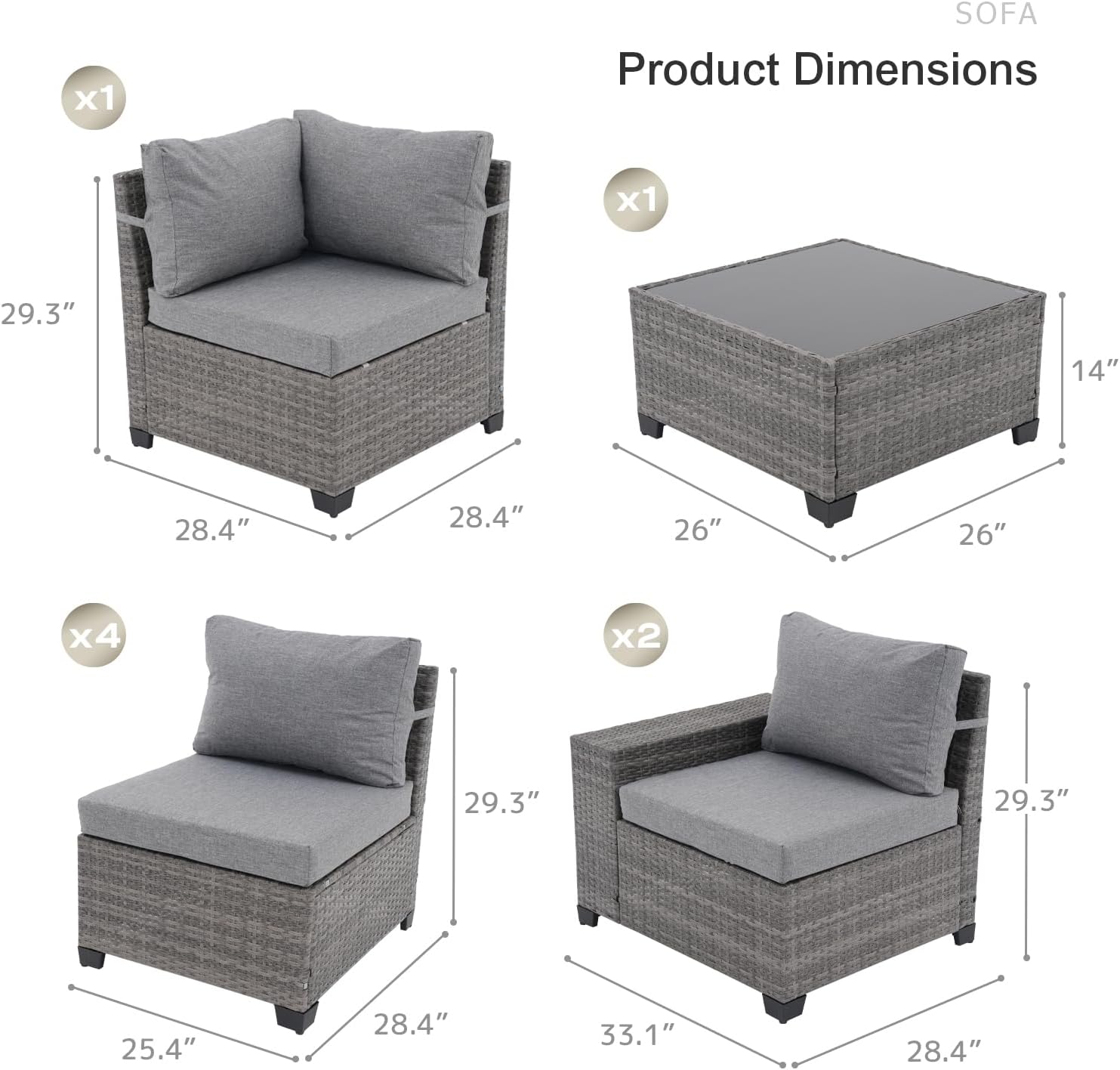 SUNSITT 6-Piece Patio Furniture Set, Outdoor Wicker Modular Sectional Sofa with 7.7-inch Wide Armrests & Thick Comfy Cushions, Glass Top Coffee Table, Rattan Conversation Set, Grey Color