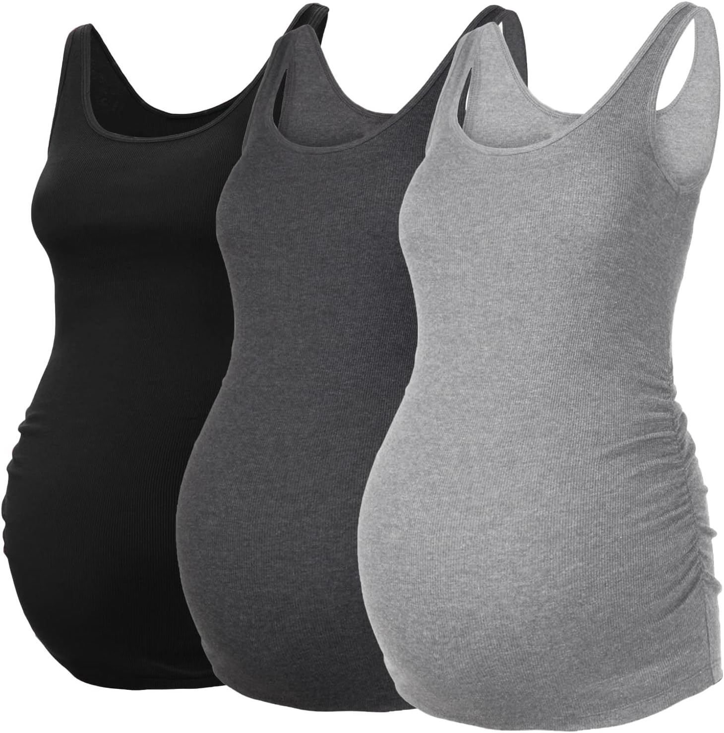 Liu & Qu Maternity Tank Tops Rib Side-Shirred Sleeveless Pregnancy Basic Shirt 3-Pack
