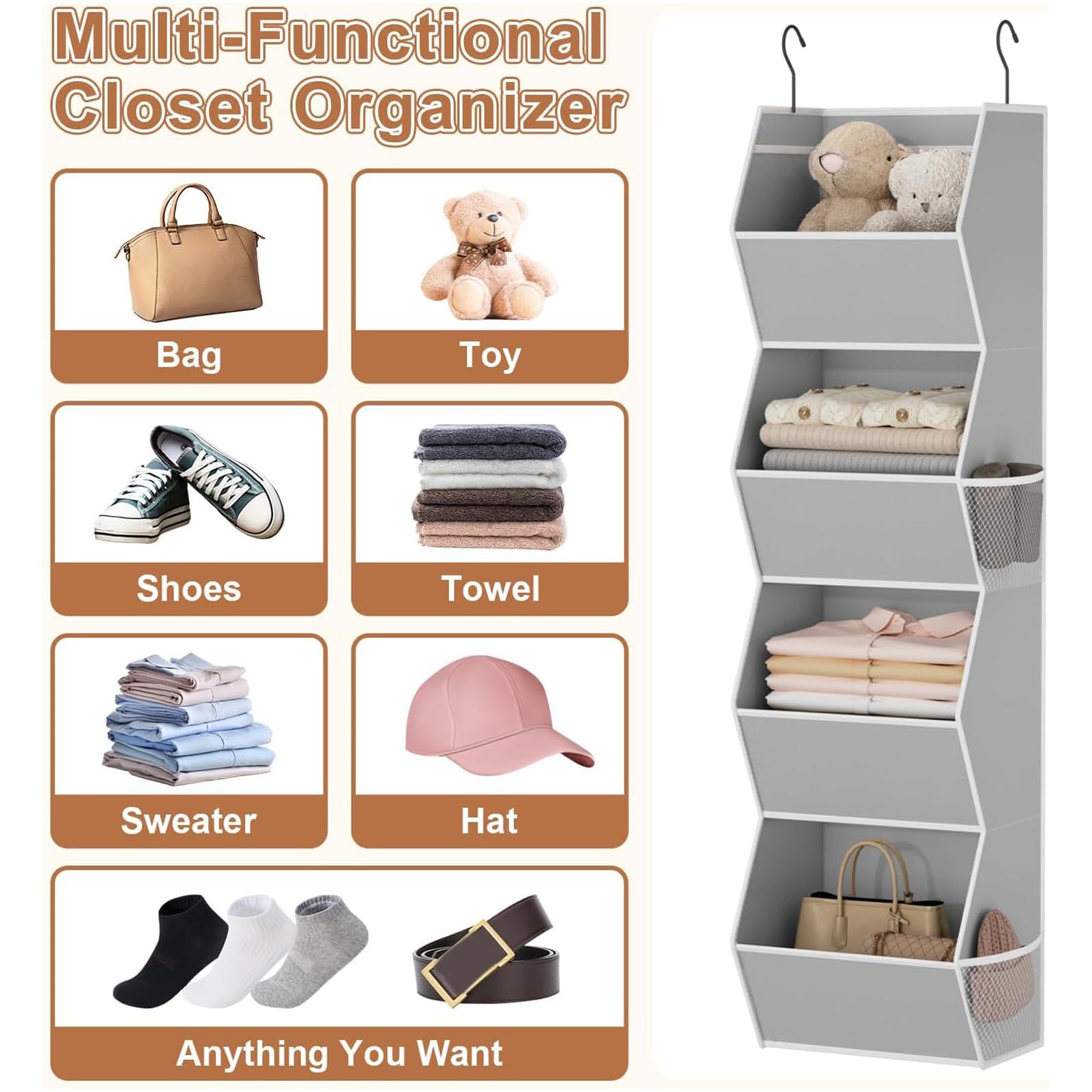 Organizador vertical de almacenamiento para colgar en espacios reducidos, estantes ajustables para armario de dormitorio, ahorro de espacio compacto para ropa y accesorios