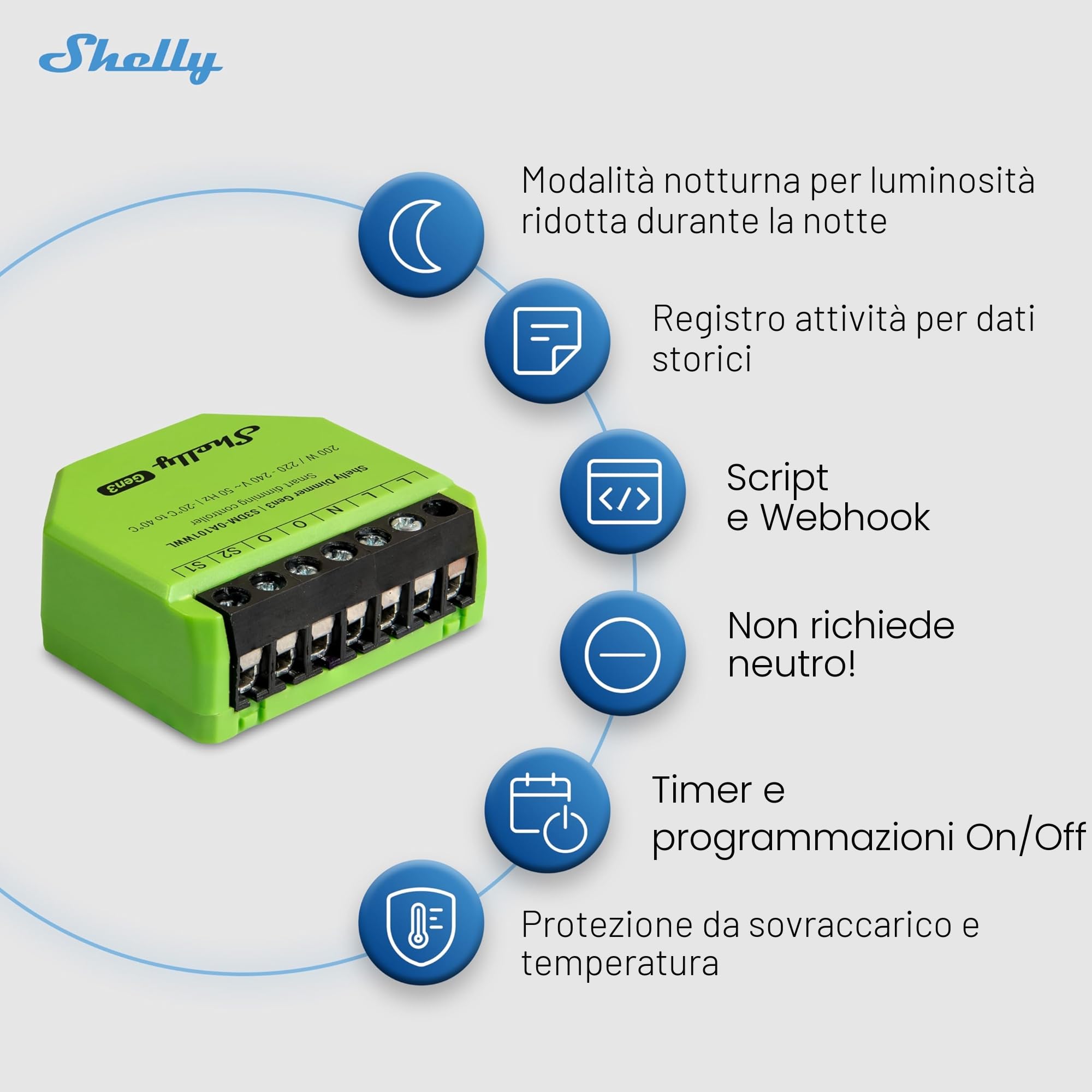 Shelly Dimmer Gen3-240V, Dimmer Smart Wi-Fi, Domotica, Luci Dimmerabili, Strisce LED, Non Richiede Neutro, Programmazione Intelligente, Nessun Hub Richiesto, Modalità Notturna, Alexa & Google Home