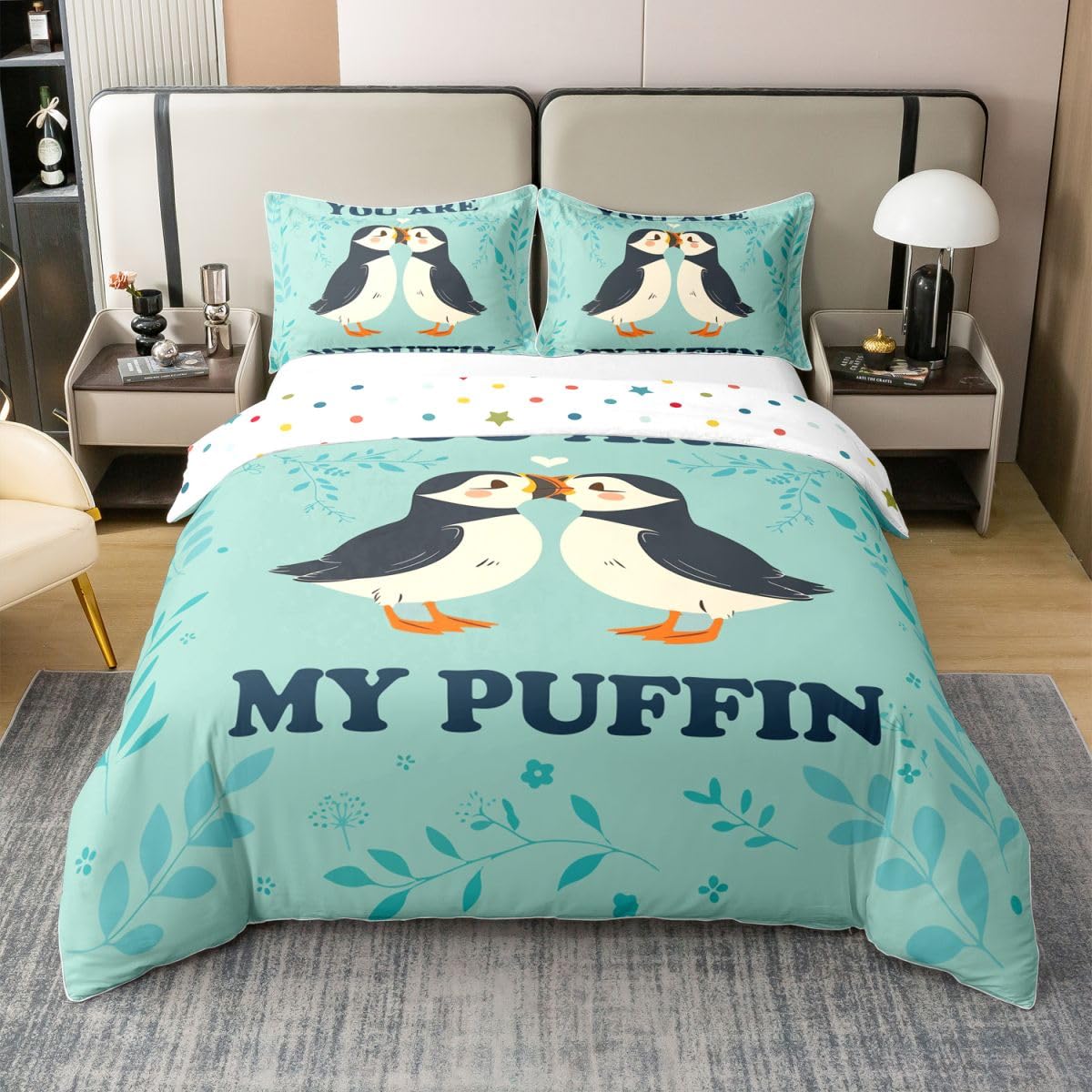 Homewish Pärchen Papageientaucher Baumwolle Bettwäsche 220x240 Frisch und Romantisch Mintgrün Bettbezug Cartoon Tiere Puffin Bird Bettwäsche Set Pflanzen Blätter Blumen Herz Dekor Bedding Raumdekor