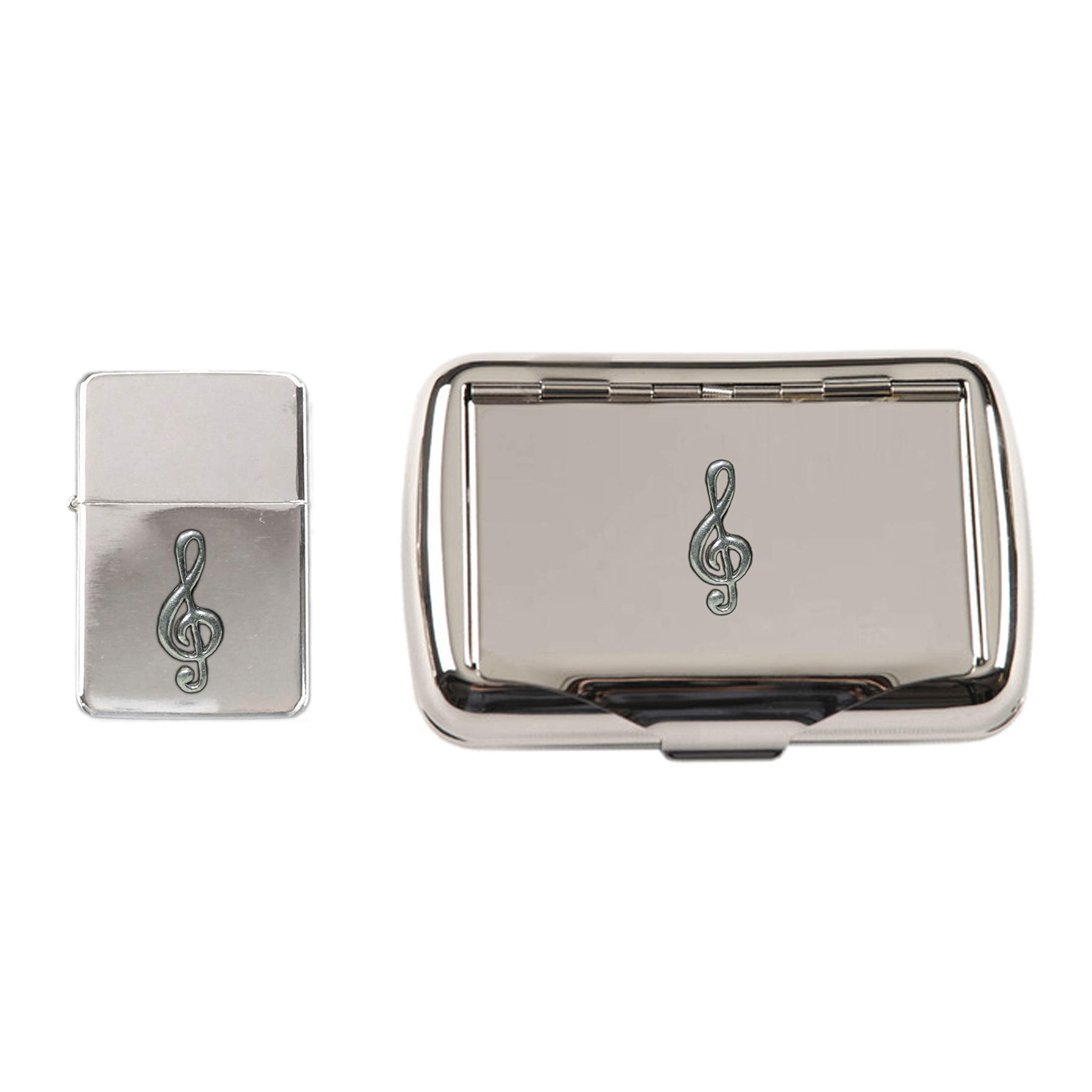 Knight. Treble Clef Music Symbol Polished Chrome Tobacco Tin And Stormproof Petrol Lighter