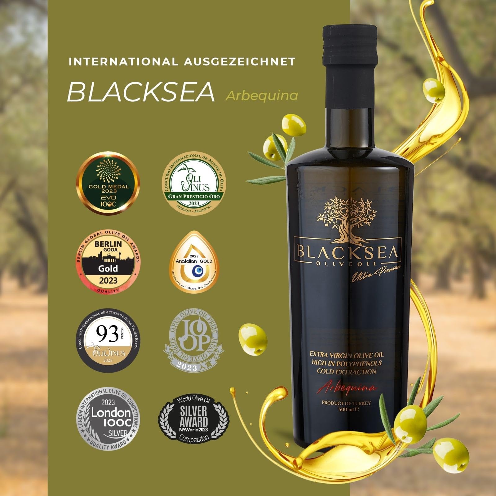BLACKSEA Premium Olivenöl Extra Nativ Gefiltert 500 ml – 100 % Arbequina – Kaltgepresst – Polyphenolreich – Säure <0,2 % – Mild & Fruchtig – Erste Ernte – Für Feinschmecker & Gourmetküche