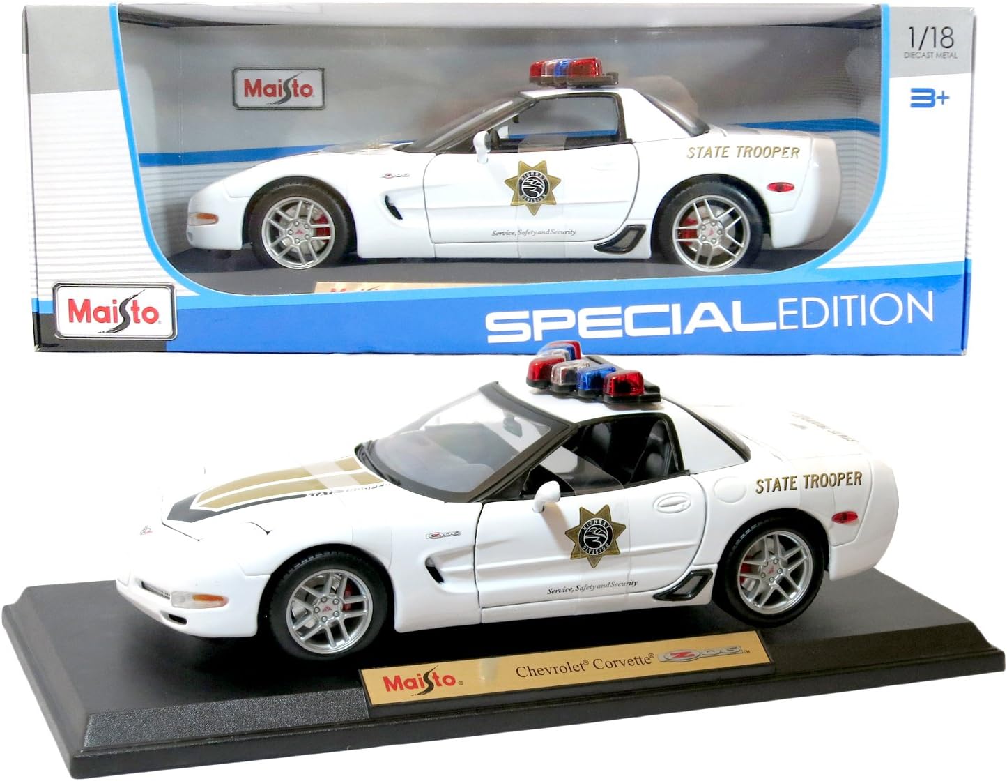 Maisto Year 2015 Special Edition Series 1:18 Scale Die Cast Car Set - White Color Highway State Trooper Sports Coupe Cruiser CHEVROLET CORVETTE Z06 with Display Base (Car Dimension: 9" x 4" x 3")