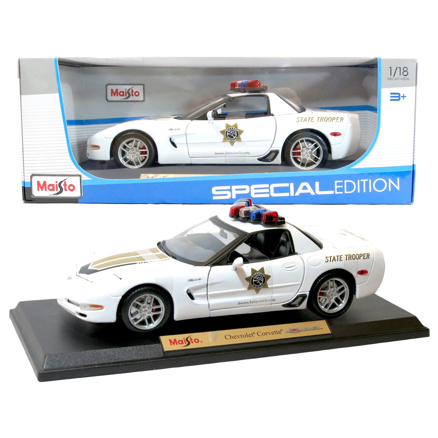 Maisto Year 2015 Special Edition Series 1:18 Scale Die Cast Car Set - White Color Highway State Trooper Sports Coupe Cruiser CHEVROLET CORVETTE Z06 with Display Base (Car Dimension: 9" x 4" x 3")