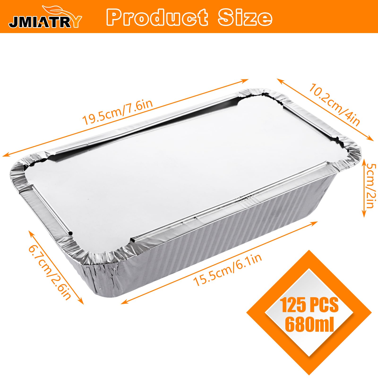 JMIATRY 125 bandejas de aluminio con tapas, 20 x 11 x 5,6 cm, recipientes desechables para alimentos con tapas, bandejas de aluminio de 680 ml para almacenamiento de alimentos, asar, hornear, asar y