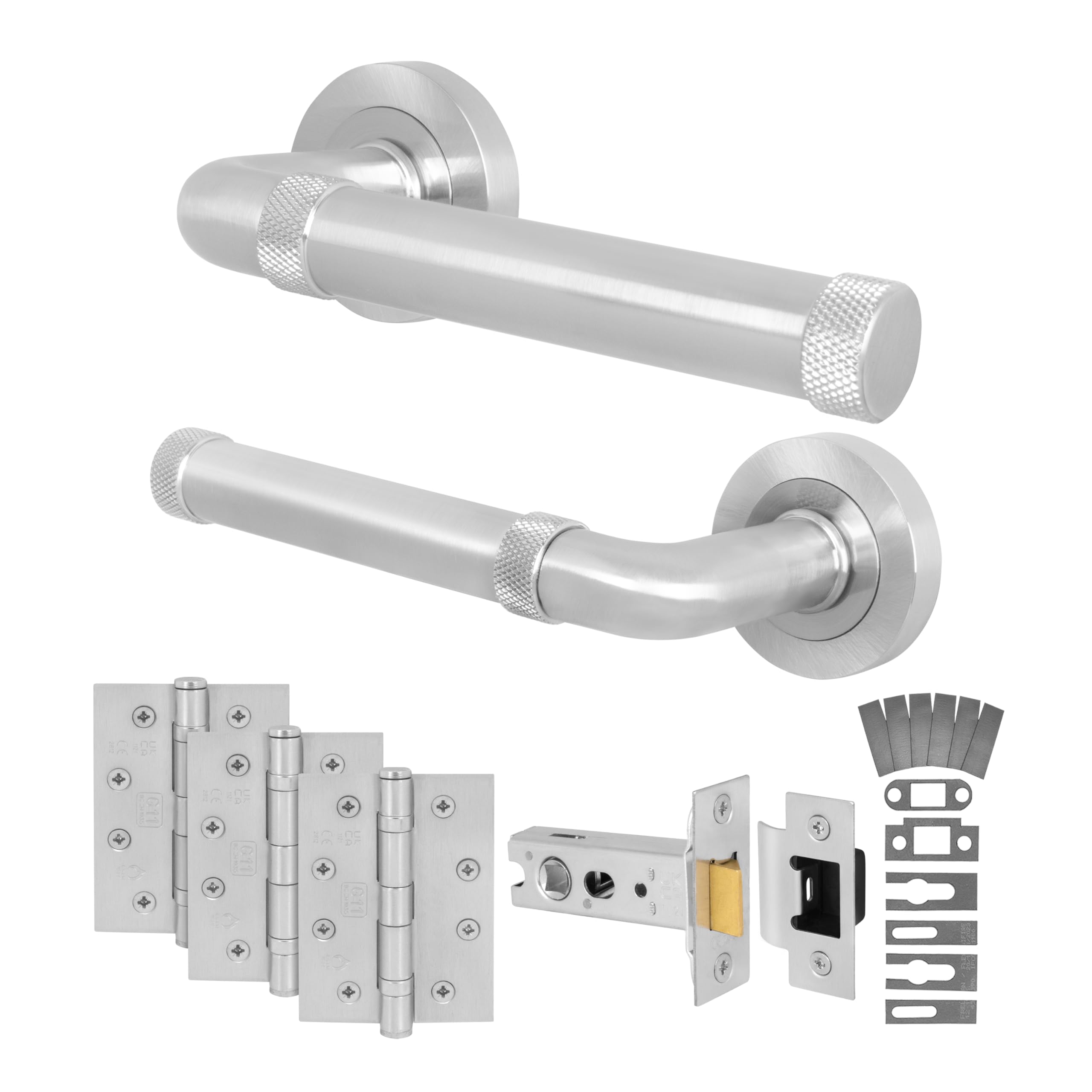 Eai Satin Nickel Satin Fire Door Handle Latch Set, Internal Fire Rated Door Handle With 76Mm Latch And 102Mm Hinges, Santo Range 1 Pack