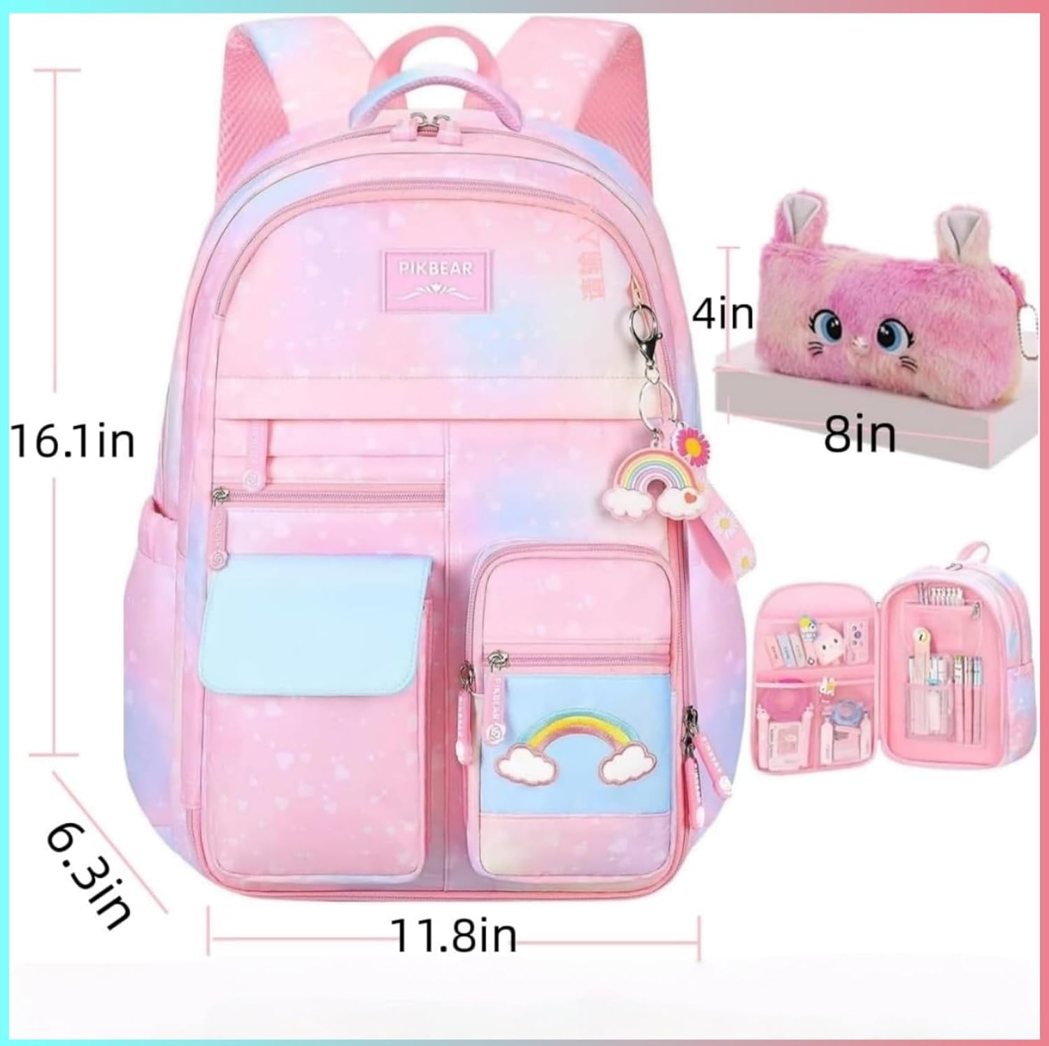Girls Backpack,Rainbow Backpack for Girls-Kawaii Pink School Bookbag, Lightweight Large Capacity Kids Backpack for Travel & Daily Use