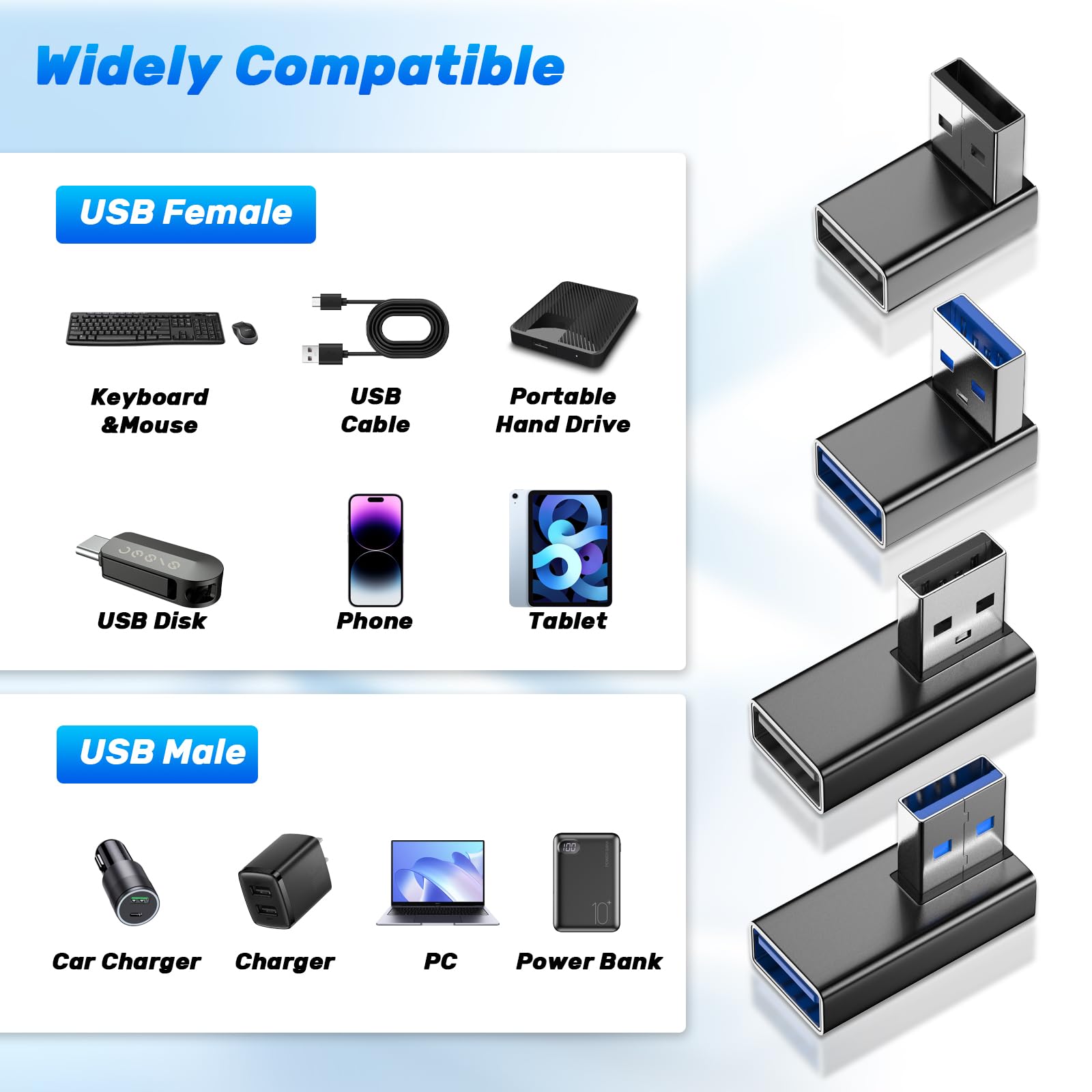 USB 90 Grad Winkelstecker, 4 Stück Adapter mit USB3.0, für Datenübertragung Kompatibel mit PC, Laptop, Powerbank und die meisten USB-Geräte