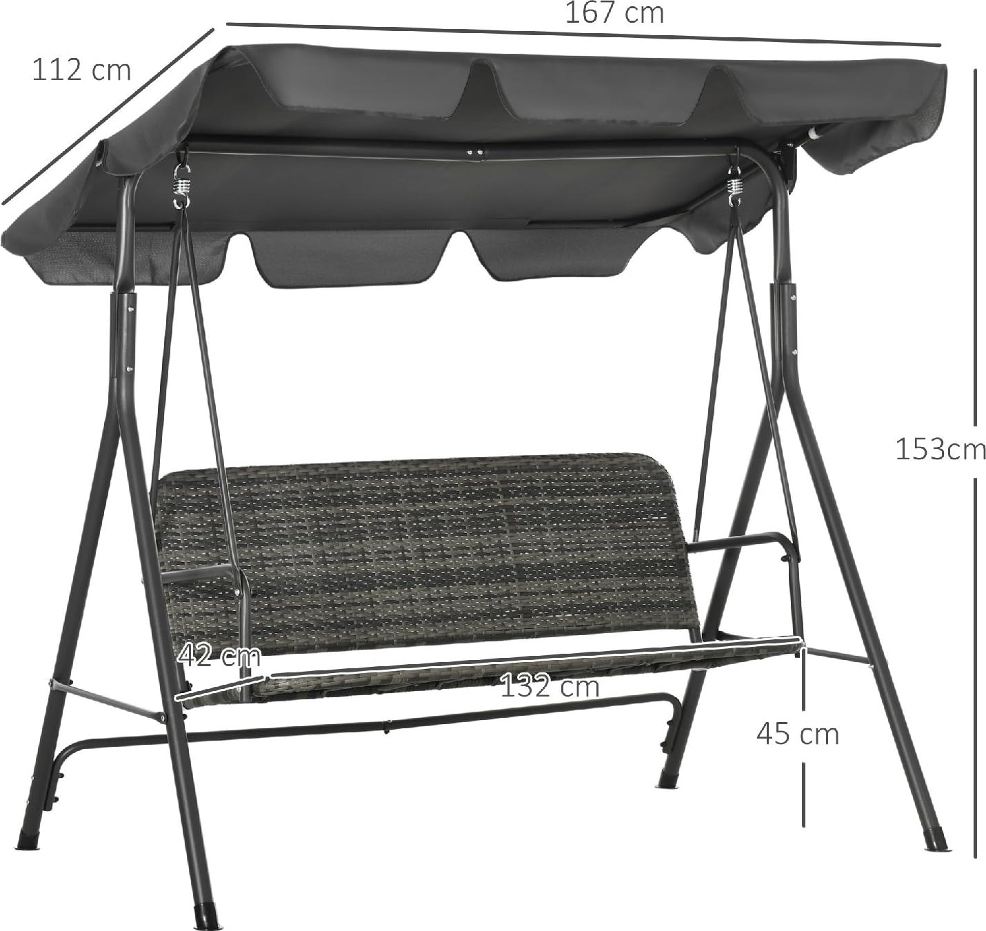 Dondolo da Giardino 3 Posti con Tettuccio Parasole in Acciaio/Rattan PE Dimensioni 167x112x153 cm Colore Grigio Scuro