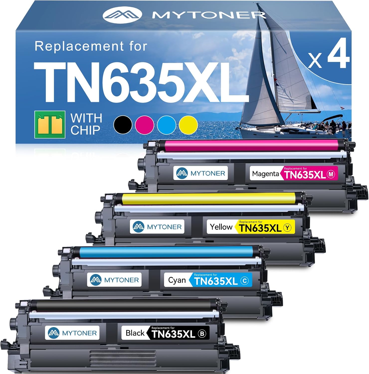 MYTONER Compatible Toner Cartridge Replacement for Brother TN635XL TN-635XL TN635 for HL-L8430CDW HL-L8430CDWT HL-L8570CDW MFC-L8730CDW MFC-L8930CDW MFC-L8970CDW MFC-EX575 Printer (4 Pack, B/C/M/Y)