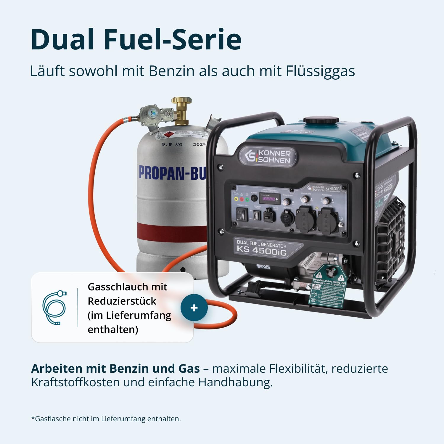 K&S Könner&Söhnen KS 4500iG Générateur Inverter (gaz/essence) 4500 W, générateur d'énergie avec USB, mode Eco | Groupe électrogène de secours pour camping, maison et atelier, générateur inversé