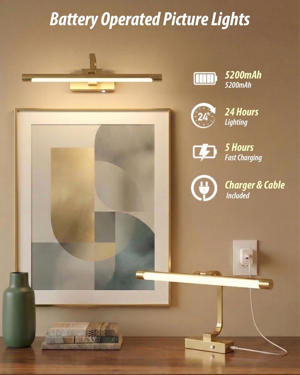 URSOLA 16“ Picture Lights for Wall, Brass Battery Operated Picture Frame Light, Dimmable LED Light Over Picture Frame with 3 CCT, Display for Gallery, Living Room, Bedroom, Hallway