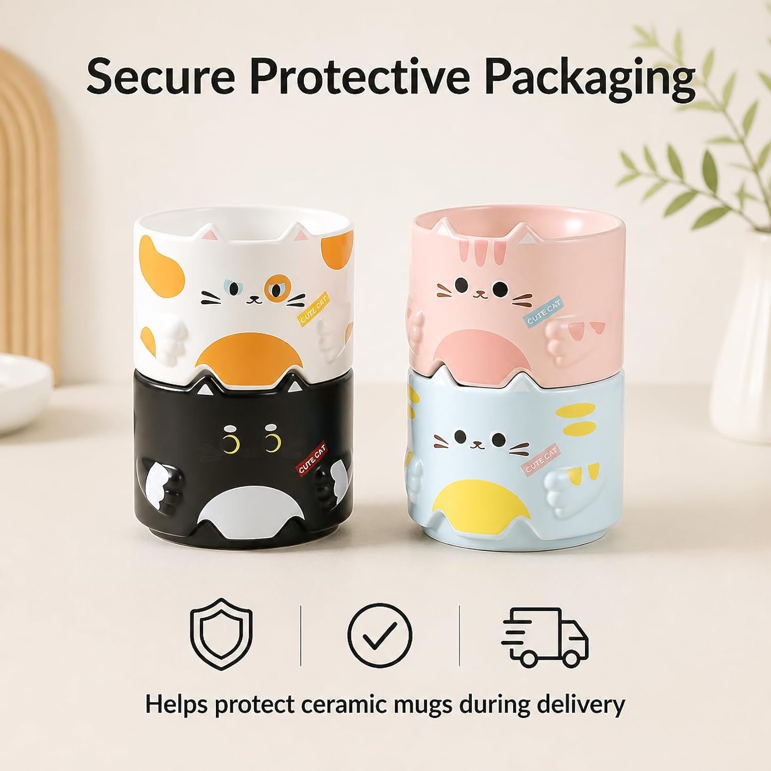 Stackable Cat Mug Set of 4, 10 oz Ceramic Coffee and Tea Cups, Cute Kitty Designs in Four Colors, Space Saving Drinkware for Home Office, Gifts for Cat Lovers, Microwave Dishwasher Safe