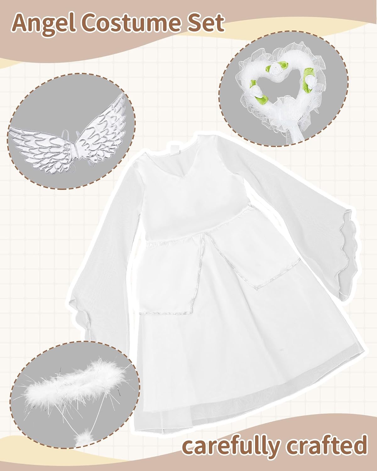Toulite 4 Pcs Angel Costume for Girls Including White Dress Headband Wing and Wand, Nativity Costume for Christmas