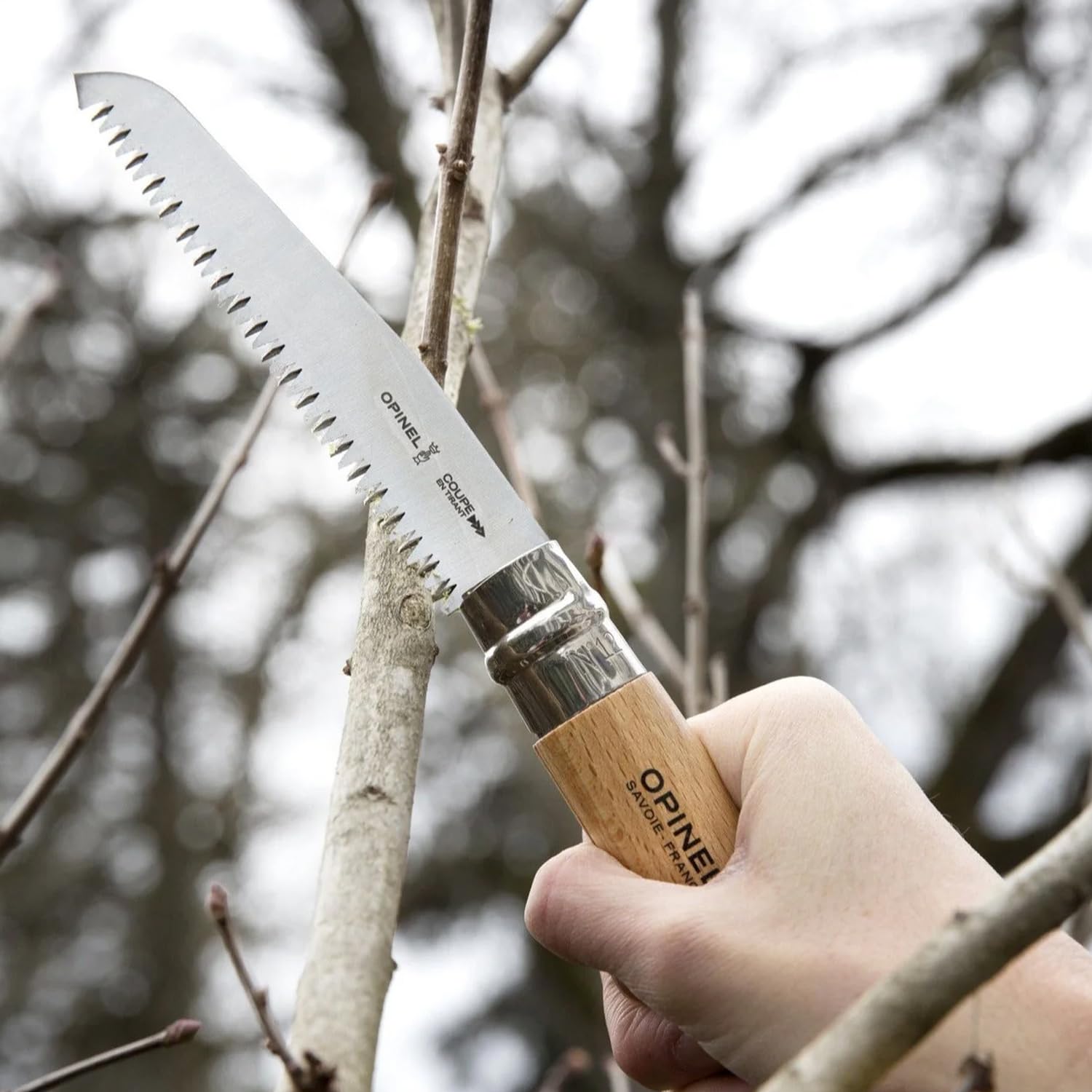 Opinel - Scie de Poche N°12 - Lame Dentée 12 cm Acier Carbone, Manche Bois de Hêtre, Bague de Sécurité Virobloc - Idéal Jardinage, Outdoors - Garantie à Vie