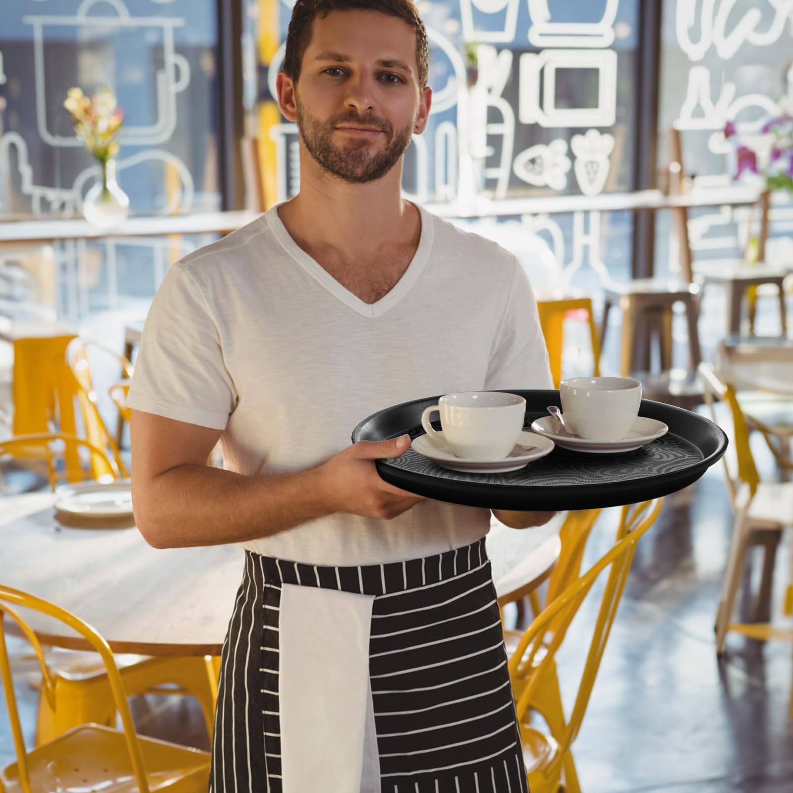 Hacaroa Paquete de 4 bandejas Redondas para Servir restaurantes, bandejas de plástico de 12 Pulgadas para Servicio de Alimentos Antideslizante para cafetería, Bar, cafetería, líneas de Cola, Negro