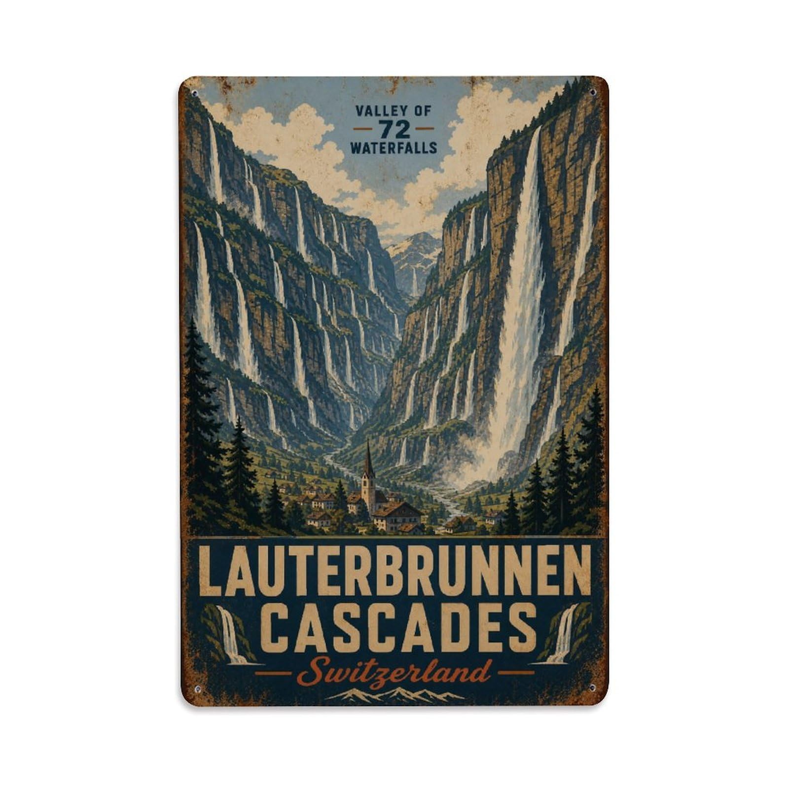 Gead 8X12inch Style Vintage Travel Lauterbrunnen Switzerland Cascades Metal Tin Sign