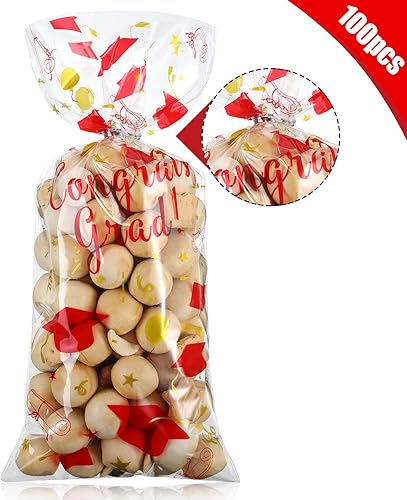 Miniatura 3 de Blulu 100 bolsas de celofán de graduación, felicitaciones para graduados, bolsas de regalo de plástico con 100 lazos giratorios plateados para