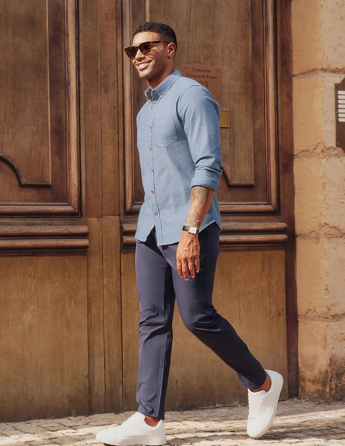 PJ PAUL JONES Mens Classic Fit Linen-Cotton Shirt Button Down Long Sleeve Casual Business Shirts - Image 5