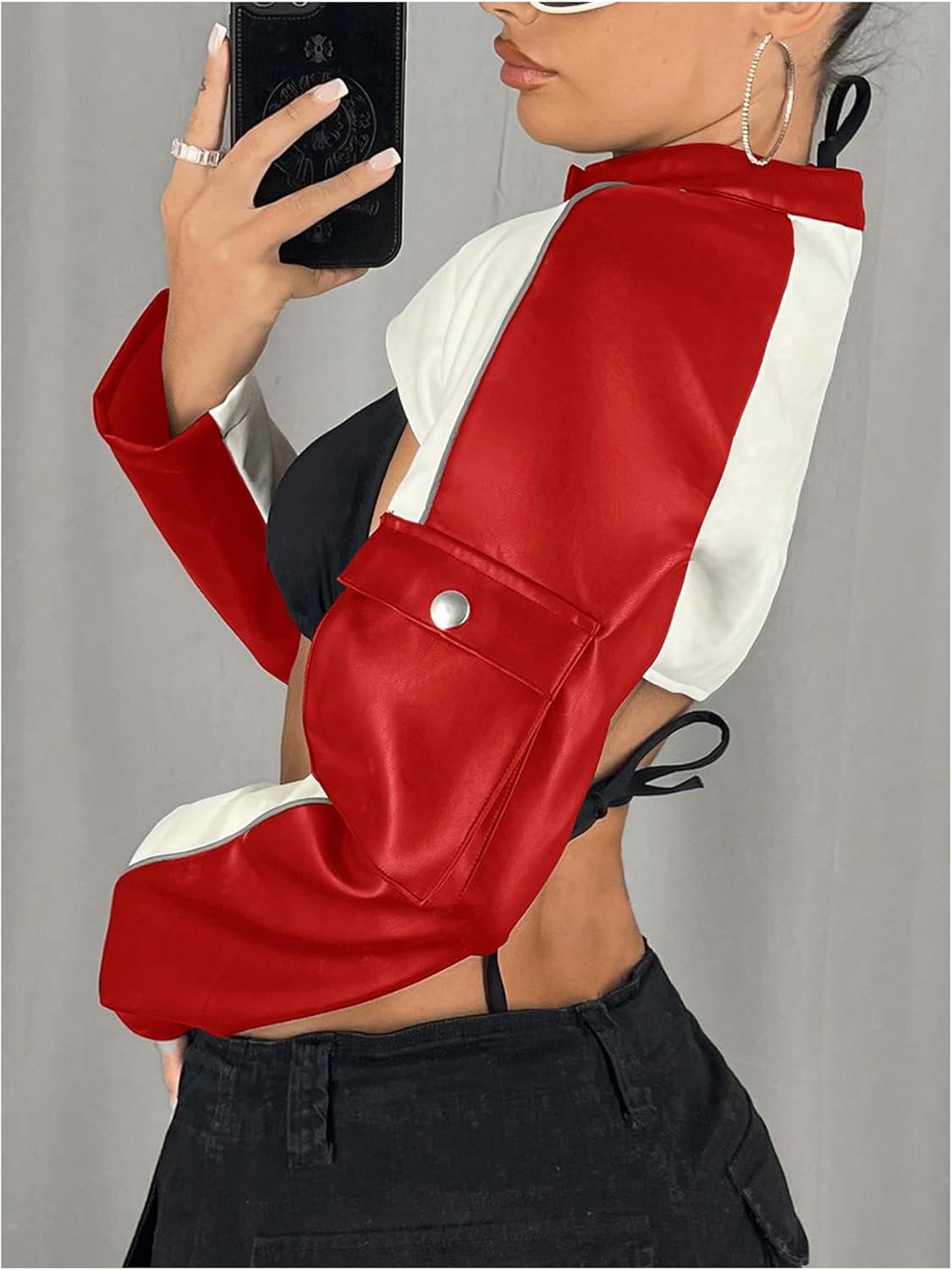 SHENHE Women's Faux Leather Moto Biker Jacket Y2k Zip Up Cropped Bolero Jacket Streetwear - Image 2