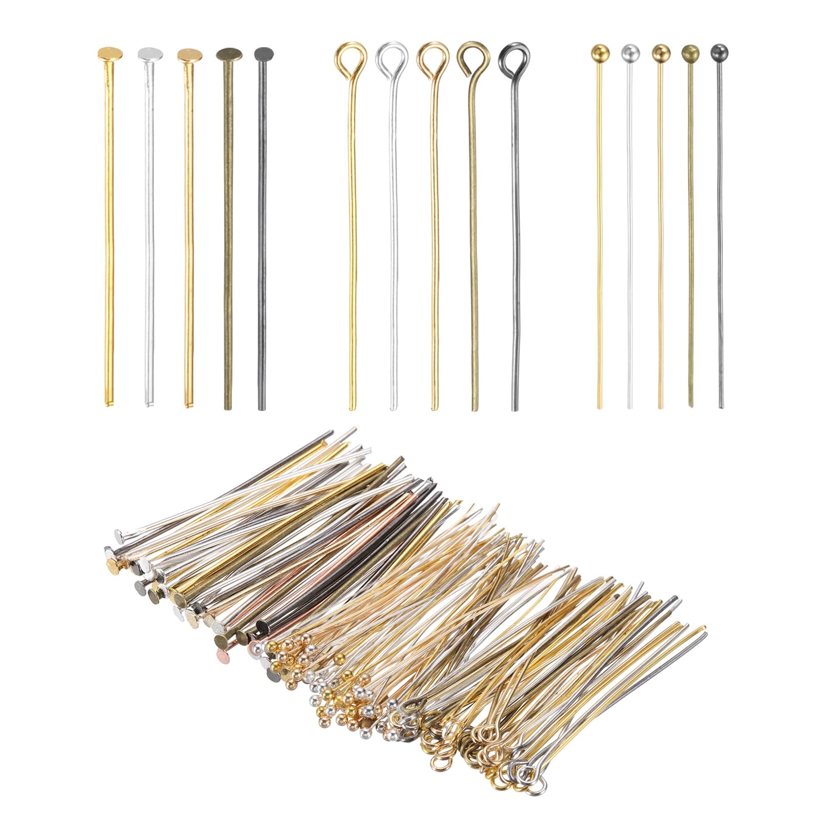 PATIKIL Head Pins Set for Jewelry Making, 600 Pcs 3 Styles 1.57" Flat Head & Ball Head Pins & Eye Pins Findings for DIY Necklaces, Earrings, Bracelets Making Supplies (Mixed Colors)