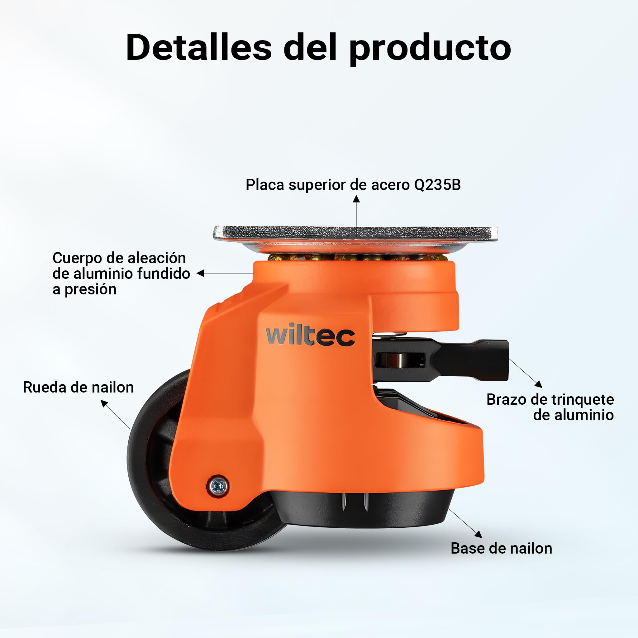 Wiltec Set 4 ruedas para cargas pesadas2000 kg retráctiles con manivela de carraca, 4 x 500 kg, ruedas para muebles, maquinaria y transporte de cargas
