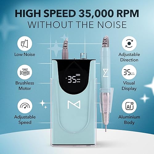 Miniatura 5 de M Max - Taladro de uñas profesional - Lima de uñas con motor sin escobillas 2 en 1, eléctrica, inalámbrica, carcasa de aleación de aluminio, 35000