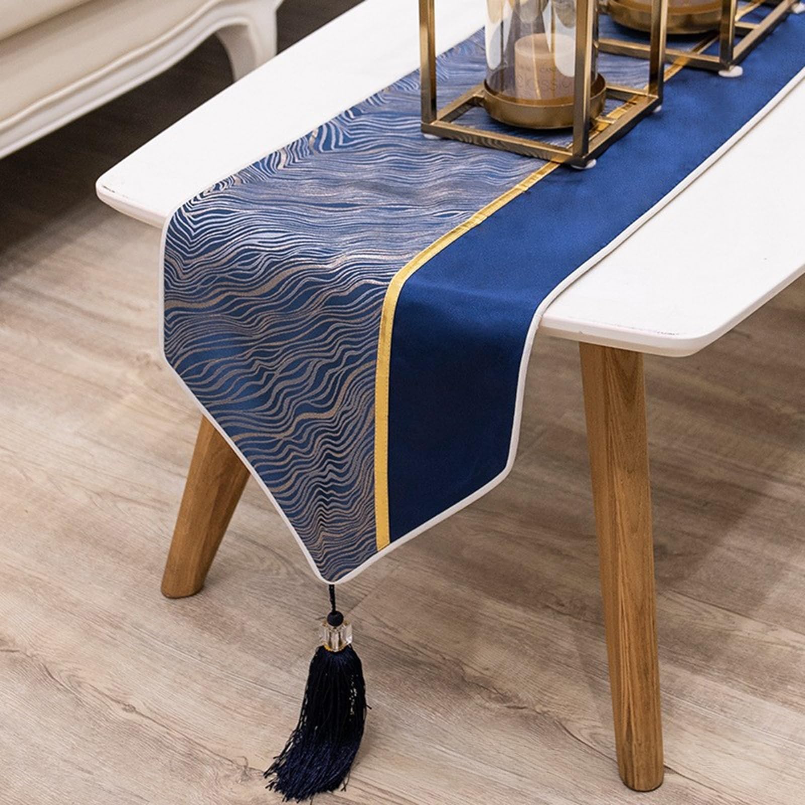 Tischläufer Polyester Wohnzimmer, Tischläufer Landhausstil 33x200 cm, Wellenmuster mit Quasten
