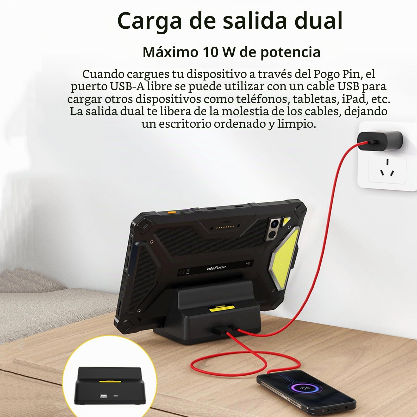 Ulefone Base de Carga Inalámbrica 10W, Soporte de Carga, Soporte 2 en 1 con Doble Salida, Cargador Dock con Pogo Pin, para Armor Pad 4 Series