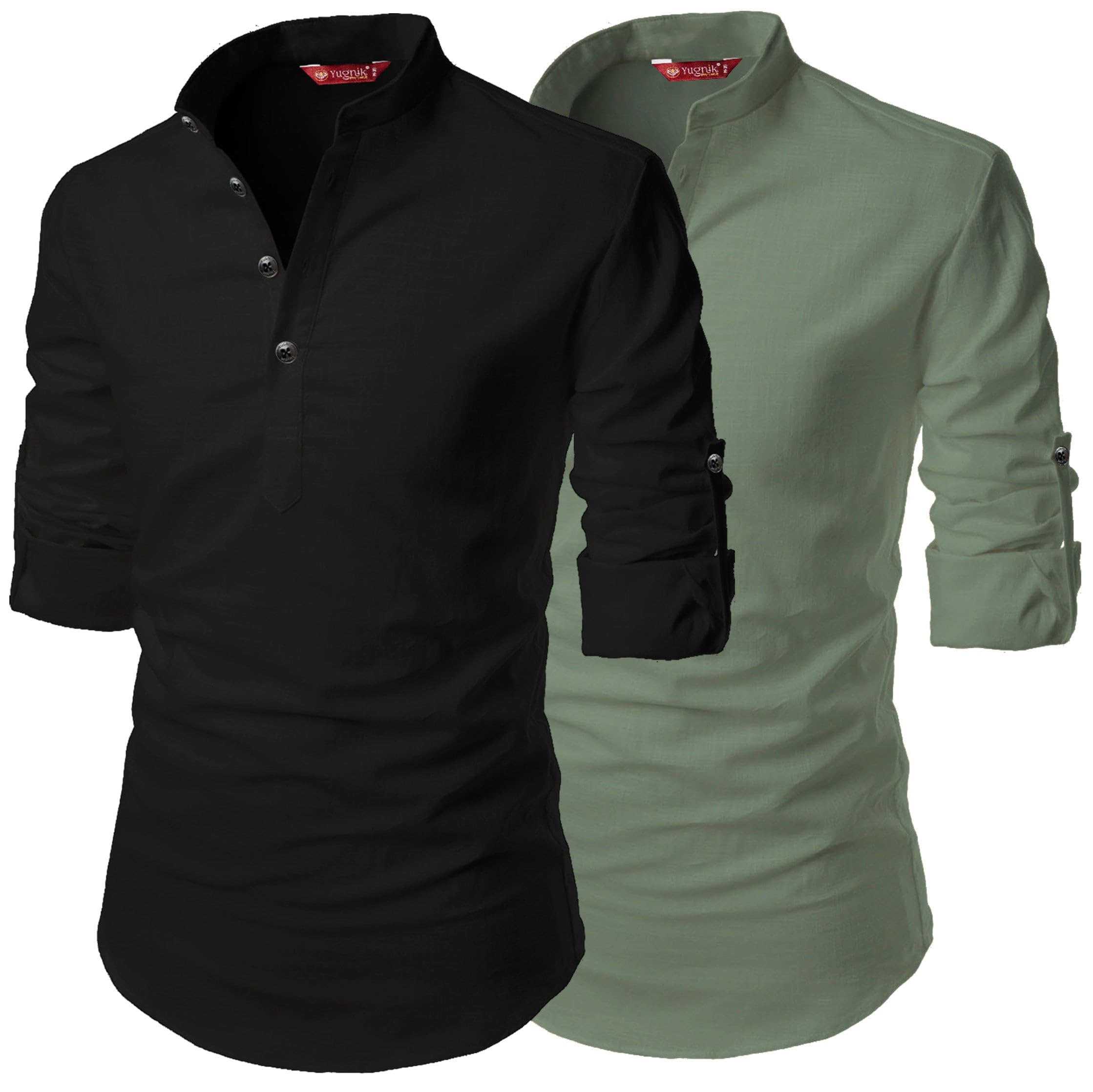Men's Slim Fit Beige with Black Color Cotton Short Kurta Pack 2-picture-19